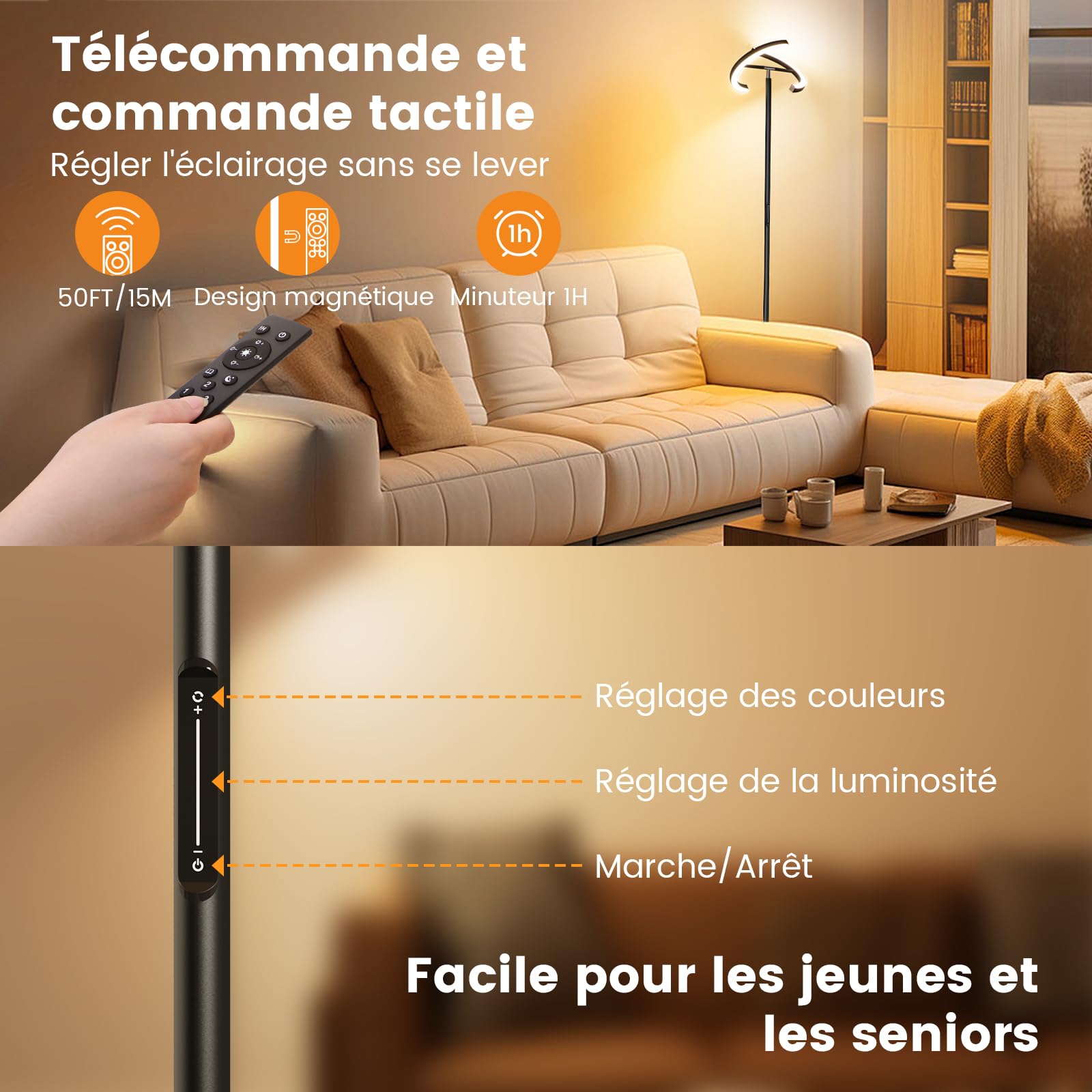 SIBRILLE Lampadaire LED Dimmable Noir Lampadaires Lampadaire 20W Moderne Uplighter avec Télécommande 1300LM 3000K-6000K Blanc Chaud Blanc Froid Lampe de Lecture pour salon, Chambre, Bureau, Hôtel
