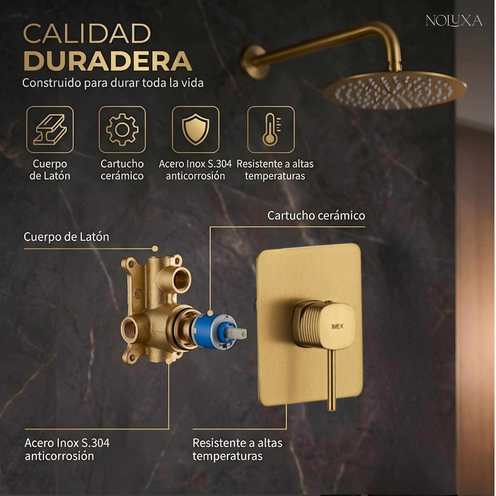 IMEX - Ducha Empotrada Oro Monomando | Conjunto de Grifería Empotrado con Rociador Antical Efecto Lluvia Dorada | Columna Ducha Empotrada con Grifo en Latón y Acero Inox S.304 (SIN ALCACHOFA)
