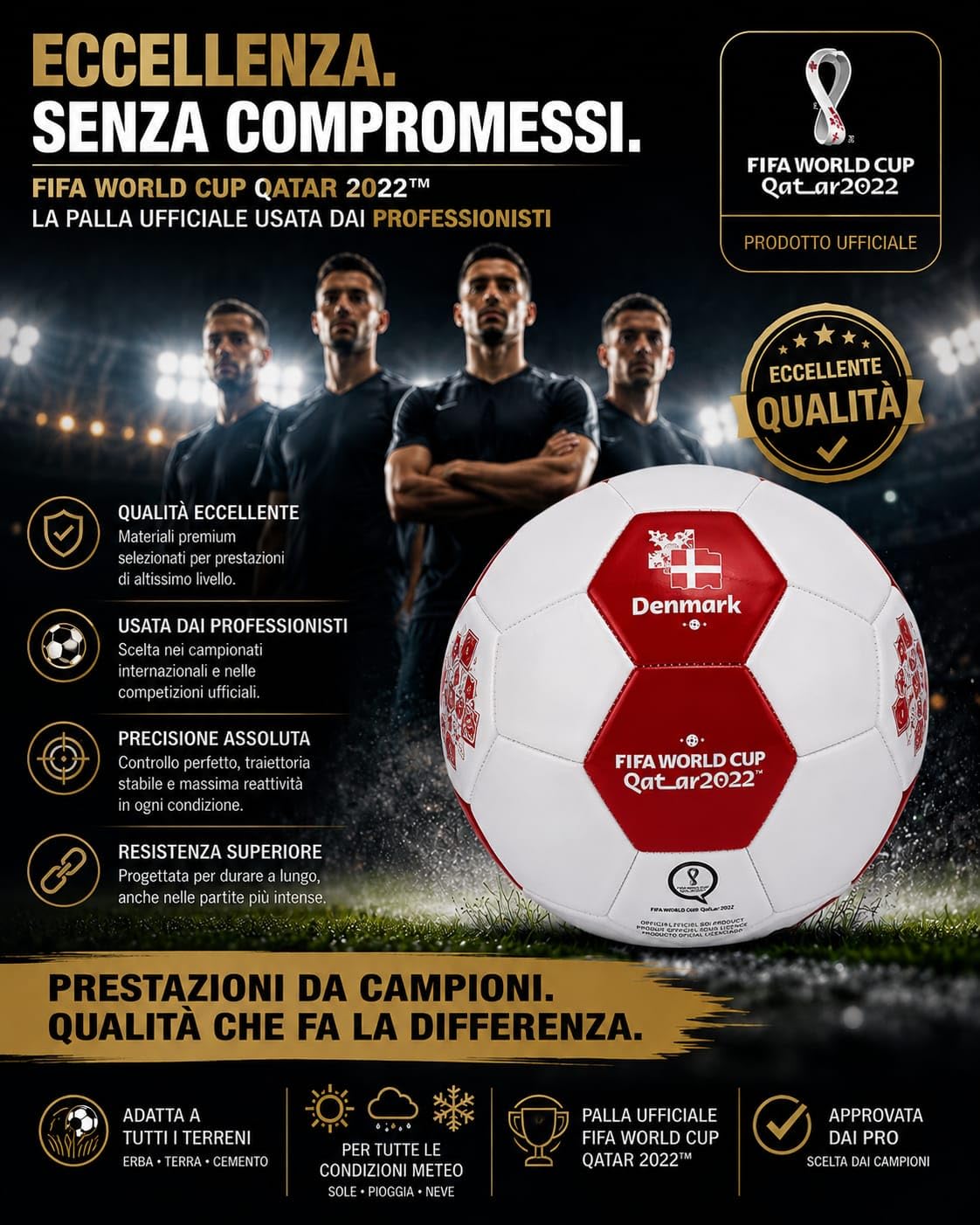 FIFA world cup Qatar 2022 Oficjalna piłka nożna, Denmark, biało-czerwony, rozmiar 5, uniseks, zalecany do wszystkich warunków: ziemia lub trawa, słońce, deszcz, śnieg