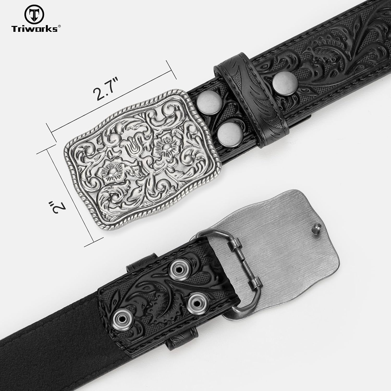 TRIWORKS Western Belts for Women Men Cowgirl Cowboy Embossed Engraved Tooled Leather Belt with Buckle for Jeans Pants Rodeo