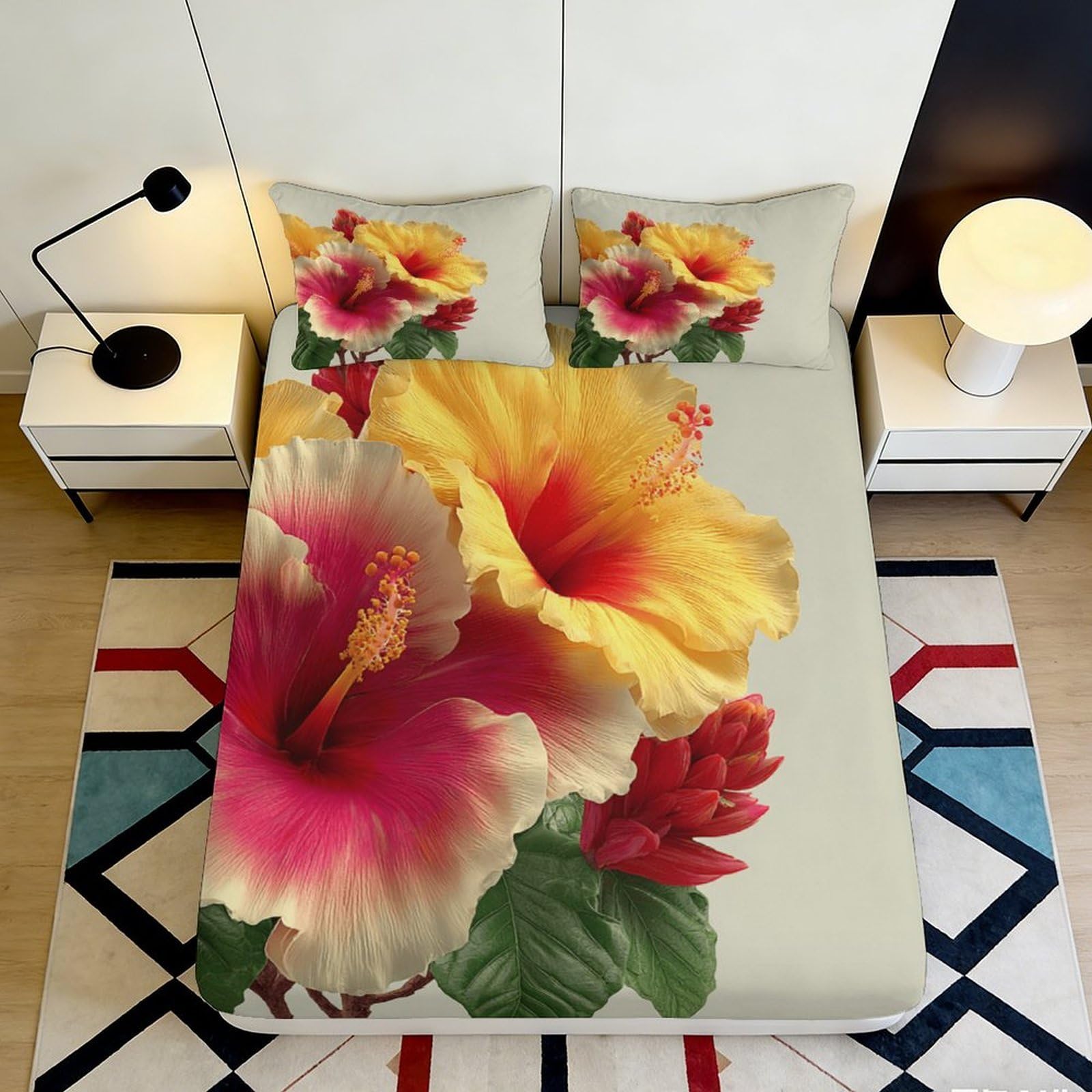 Dhbaneiok Style-3 3D Printed Hibiscus Blossom Fitted Sheet Microfiber Soft Floral Mattress Cover For Bedroom Guest Room Easy Care 90X200x25cm