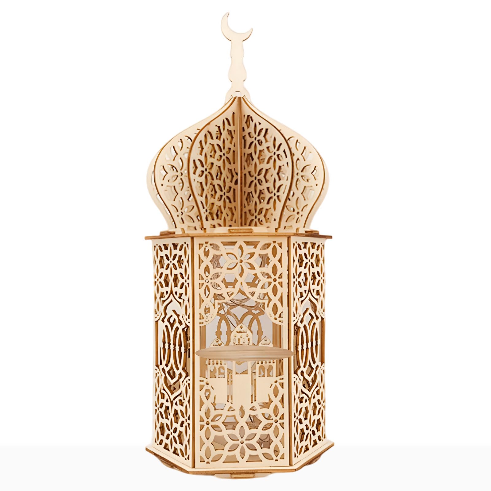 Ramadan Lantern Lights Table Decorations,Wood Craft Lanterns with Openwork Design Hanging for Festival Centerpiece,Ramadan Religious Education Moon Lights for Home Indoor(Batteries Not Include)