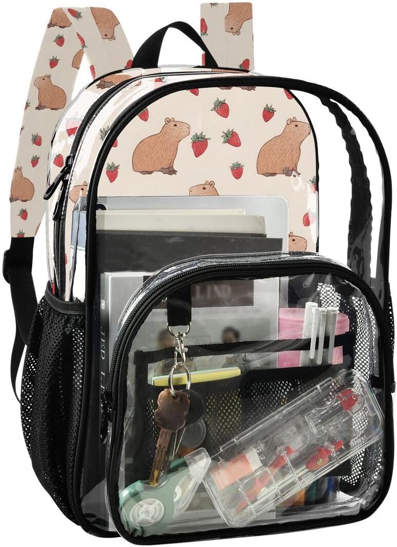 ALAZA Capybara Strawberry Flower Fruit Clear Backpack PVC Transparent Bookbag Heavy Duty for Student Boy Girl Kids Adult School Travel Work