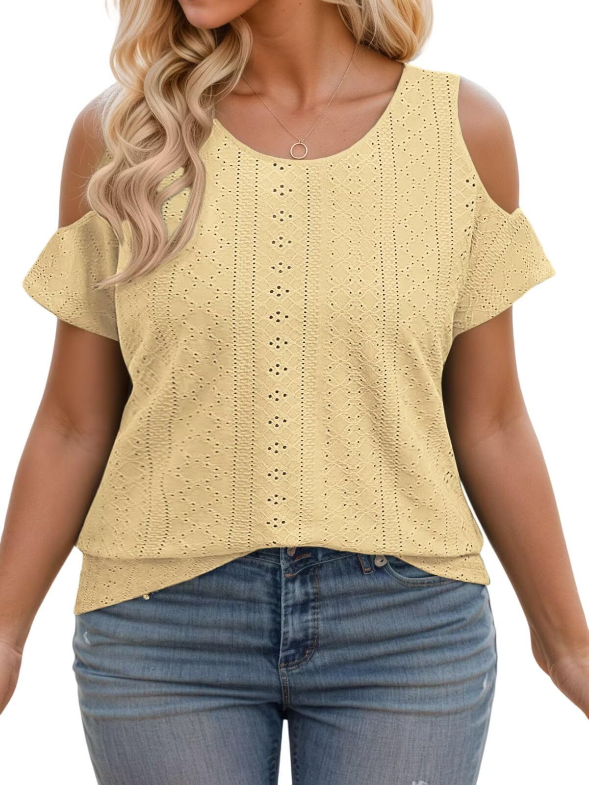 VISILILY Plus-Size-Womens-Summer-Tops Trendy Cold Shoulder Short Sleeve Shirts Casual Crew Neck Cute Tunics Blouses XL-5XL