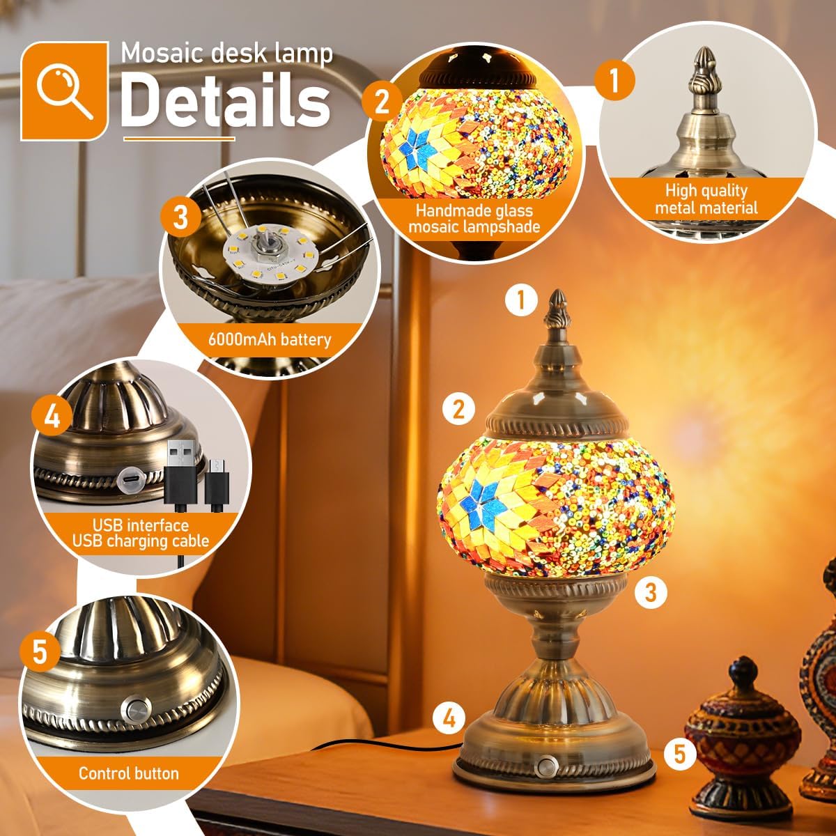Portable Rechargeable Turkish Bronze Base Table Lamp with 6000mAh Battery, Handmade Moroccan Tiffany Style Colorful Mosaic Glass Night Stand Light Fixture for Living Room Bedroom Decor