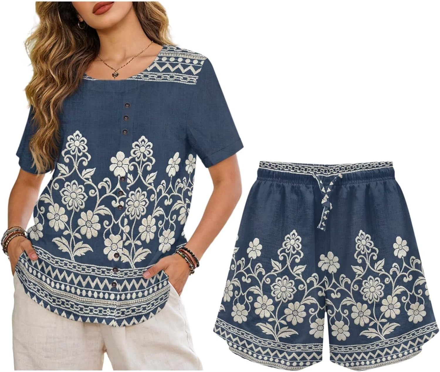 Vintage Linen Outfit Retro 70s Short Sleeve Top and Shorts Sets for Women's 2 Piece Pants Outfits Beach Sweatsuit