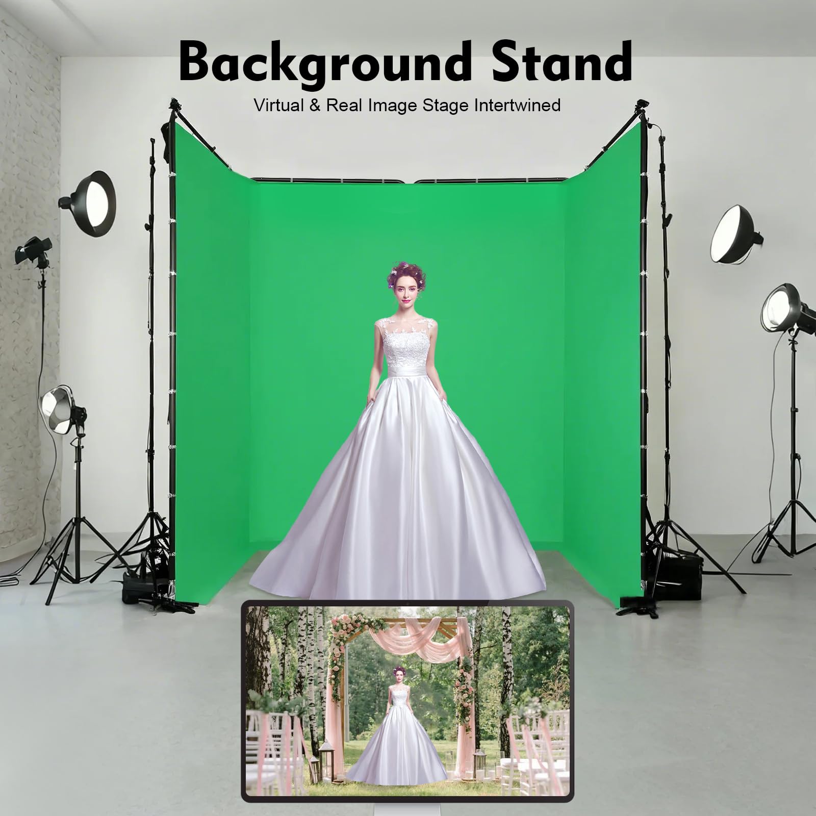 Sfondo pieghevole con tessuto verde, 4 x 2,4 m, set di sfondo per studio fotografico, Green Screen per Chroma Key, riprese video, streaming live streaming, custodia inclusa