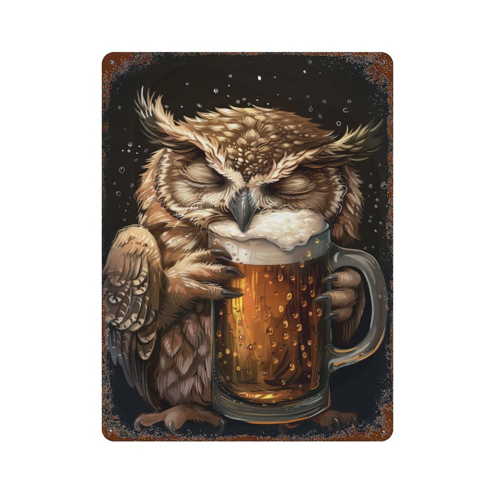 Rust Effect Owl Beer Aged Metal Wall Plaque 15.7"x11.8", Rustic Home Decor for Bistro, Counter And Cafe Decor