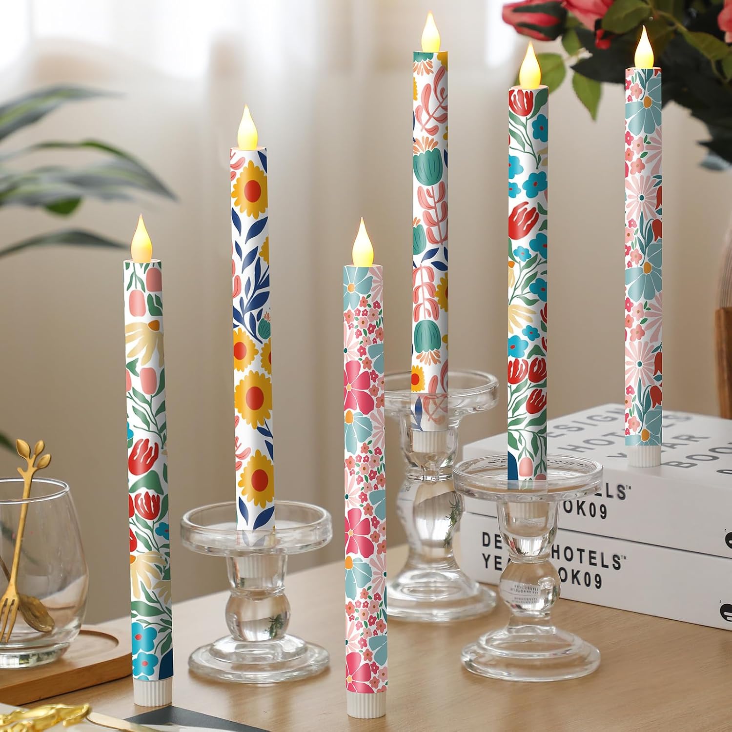 Nuanchu 6 Pcs Floral Flameless Taper Candles 10.6 Inch Decorative LED Candles for Mother's Day Home Decor Battery Operated Candlesticks for Boho Cottagecore Wedding Decorations Table Centerpieces