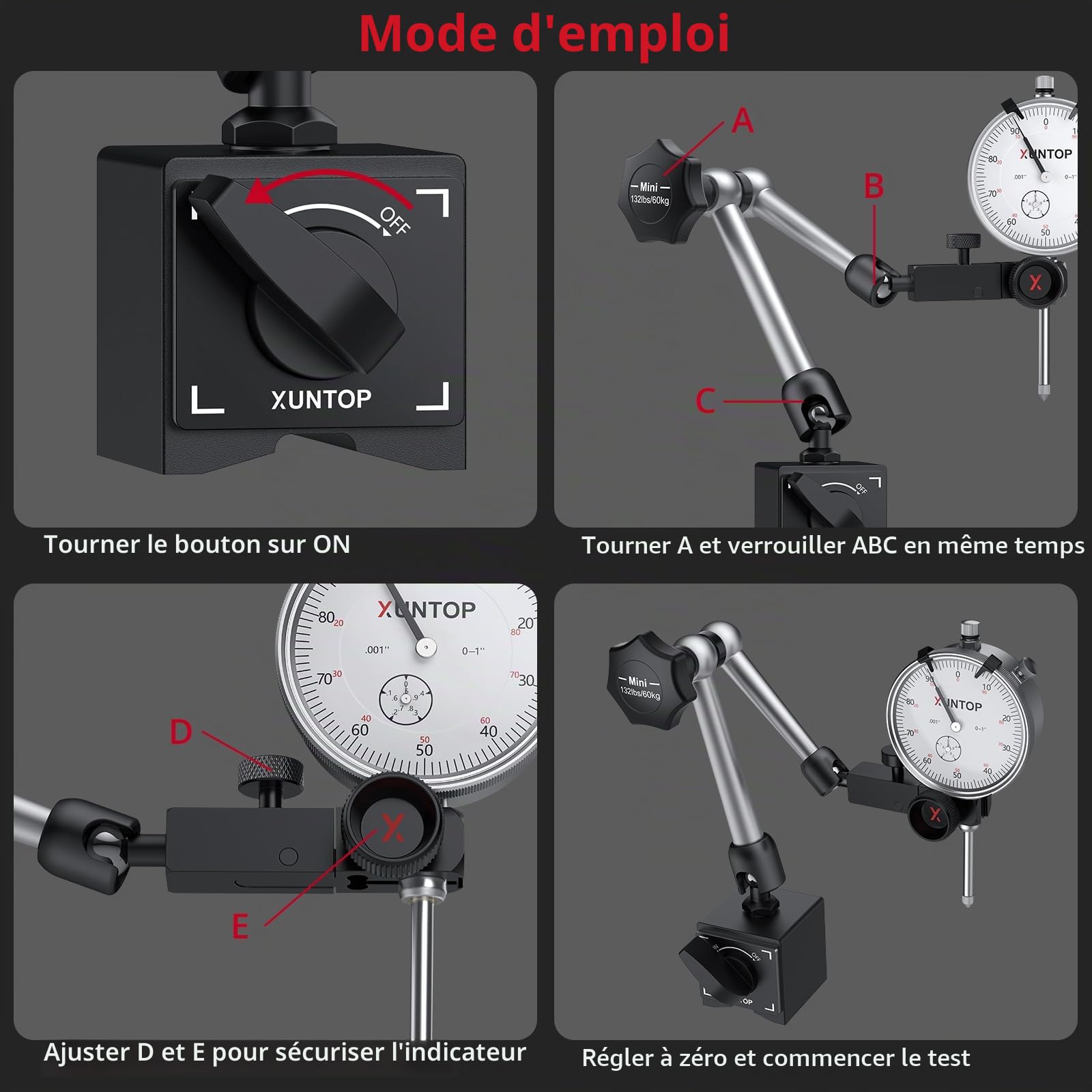 XUNTOP Comparateur Mécanique 0-20mm avec Support Magnétique 60kg Haute Précision 0.01mm Indicateur à Cadran pour Tour Fraiseuse Réglage Machine Outil Métrologie pour Usinage Bois Métal