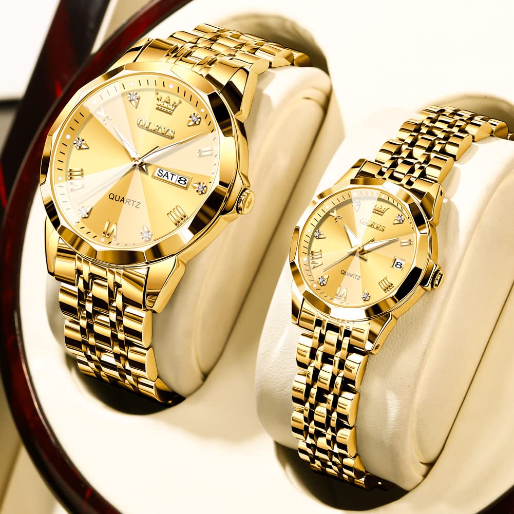 OLEVS Par de relojes de cuarzo para pareja de San Valentín, calendario luminoso, ventana de fecha, 3 ATM, impermeable, casual, acero inoxidable, reloj de pulsera para hombres y mujeres, amantes de la