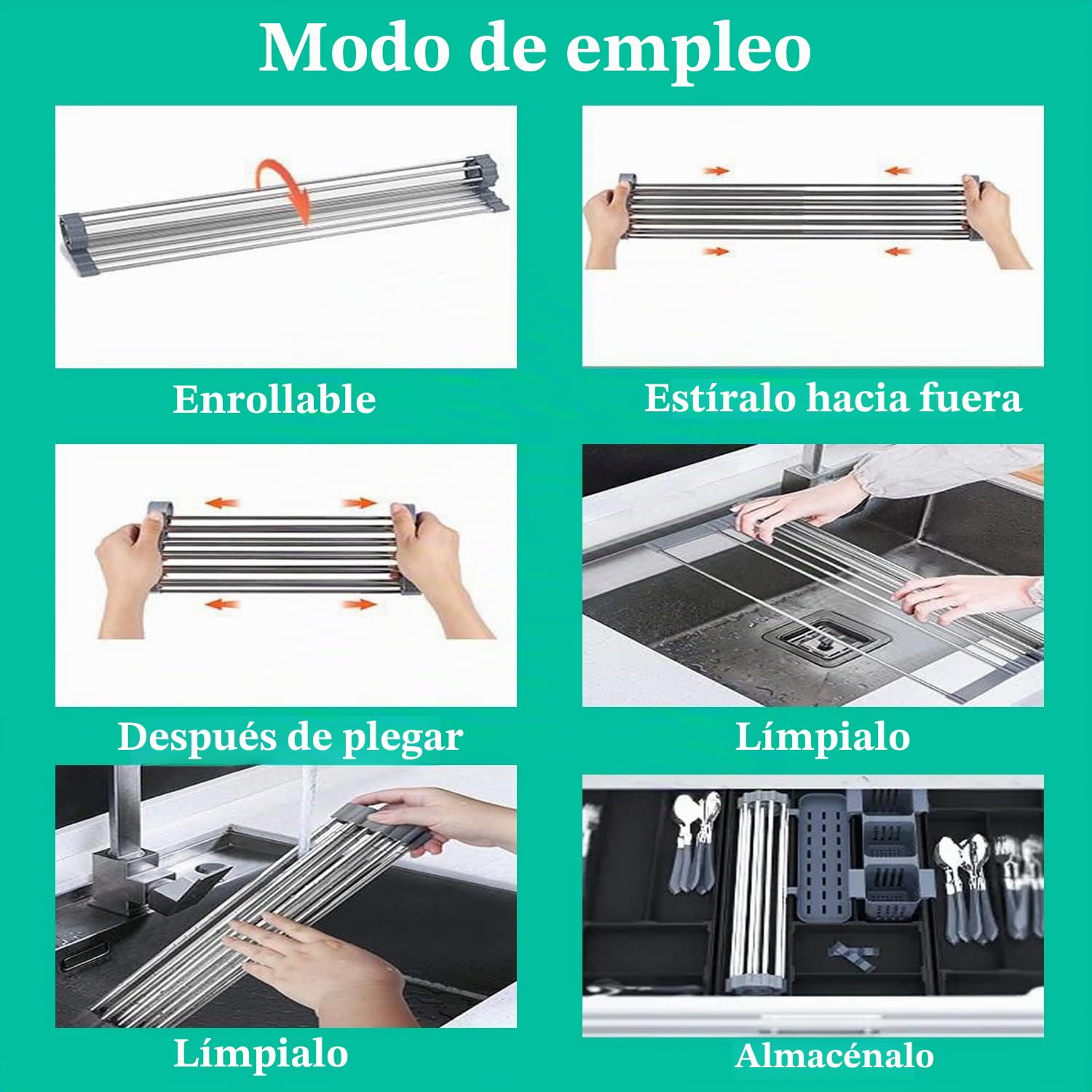 Puede expandir el Fregadero de la Cocina de la Bandeja de Secado de la Bobina por Encima de 12.6"-23.3", el Estante de Secado del Fregadero, el Drenaje del Carrete de Acero Inoxidable (Gris)