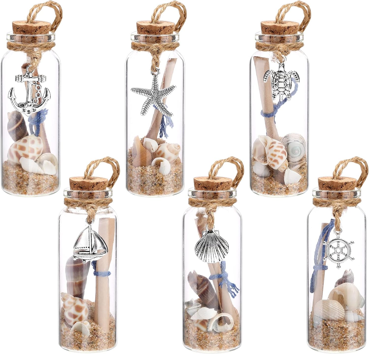 Qunclay 6 Pcs Coastal Beach Ornaments Nautical Glass Message Bottle Christmas Ocean Sand Jar Hanging Ornaments Decorations with Seashell for Home Xmas Tree Wedding Baby Shower Party Favors