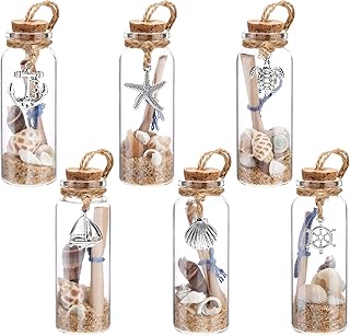 Qunclay 6 Pcs Coastal Christmas Beach Ornaments Nautical Glass Message Bottle Christmas Ocean Sand Jar Hanging Ornaments Decorations with Seashell for Home Xmas Tree Wedding Baby Shower Party Favors