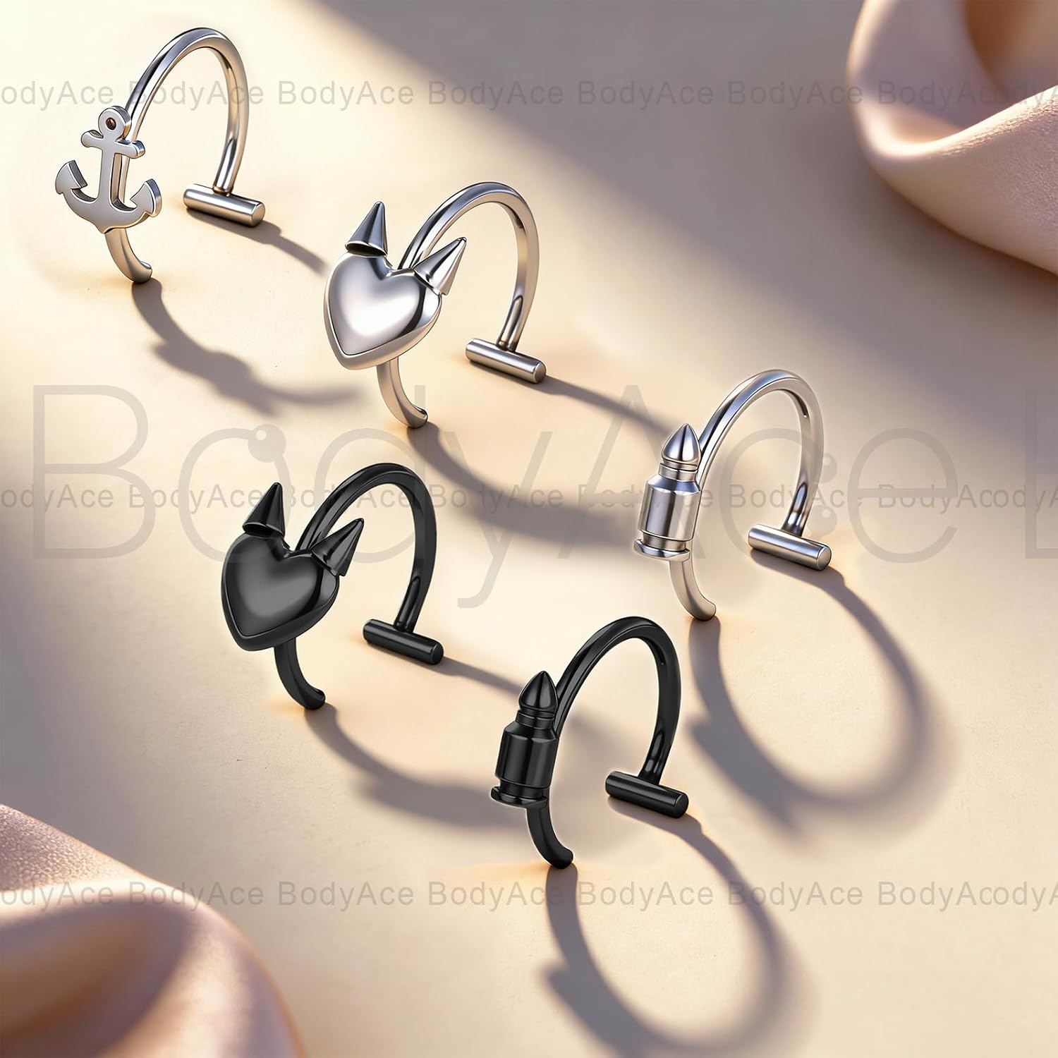Vampire Teeth Fake Lip Ring Non-Piercing Lip Cuff Stainless Steel Faux Septum Nose Ring Adjustable Vampire Fangs Ear Cuffs Earrings Fake Piercing Kit for Women Men
