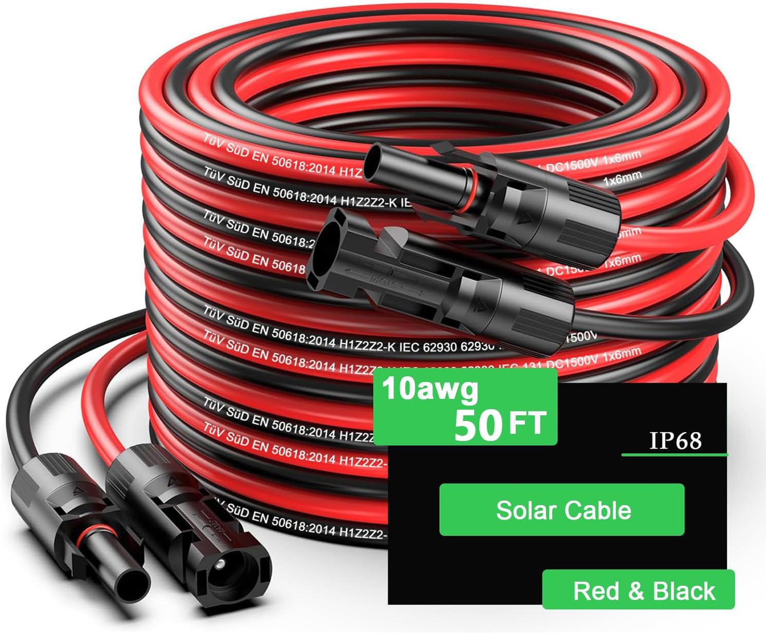 50Ft Solar Panels Extension Cables, 6mm² PV Cable with Male and Female Connectors, IP68 Waterproof, 10AWG Solar Wire