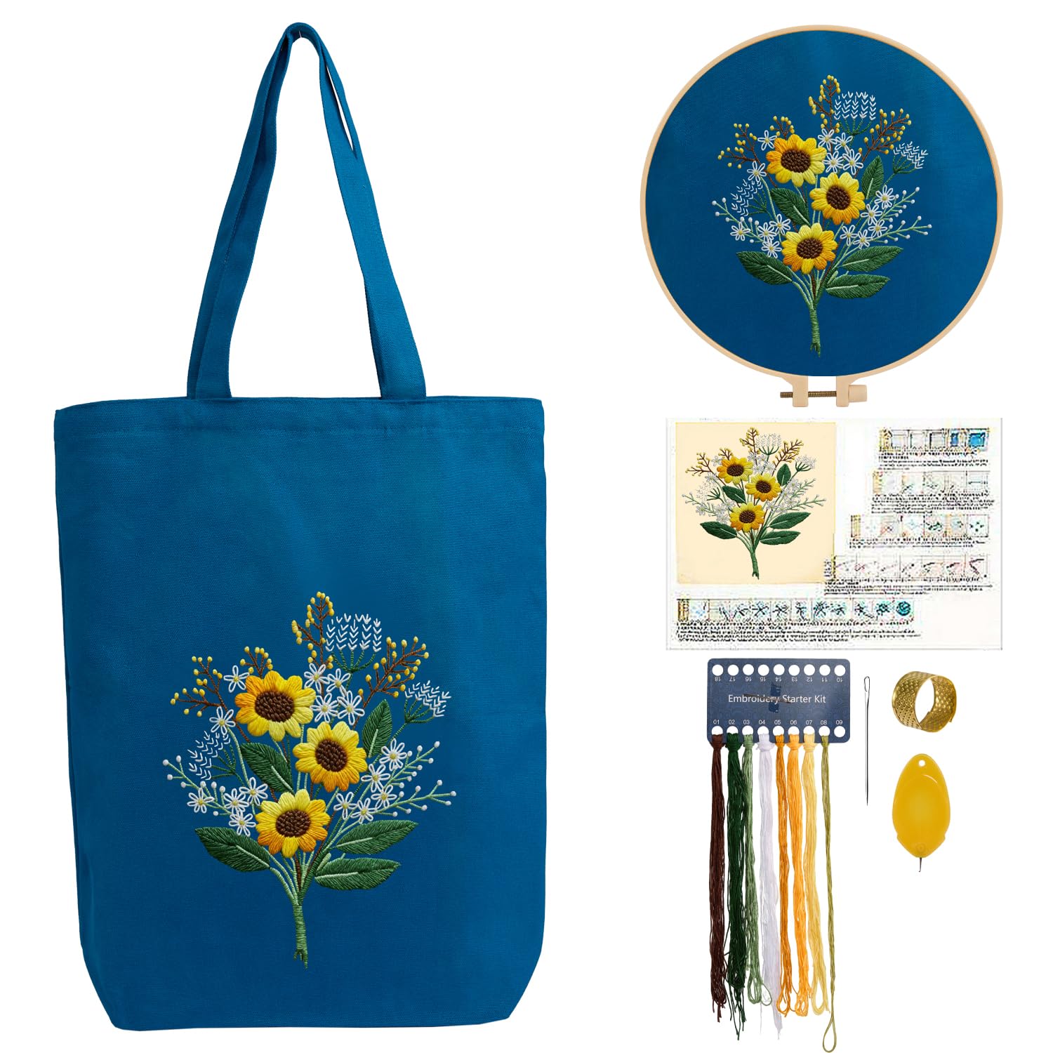 CREAWONDER Hand Embroidery Kits for Bag, Embroidery Kit Bag with Pattern for Beginners, Arts and DIY Embroidery Crafts Kits for Adults, Include Instructions, Embroidery Hoops, Color Threads and Tool
