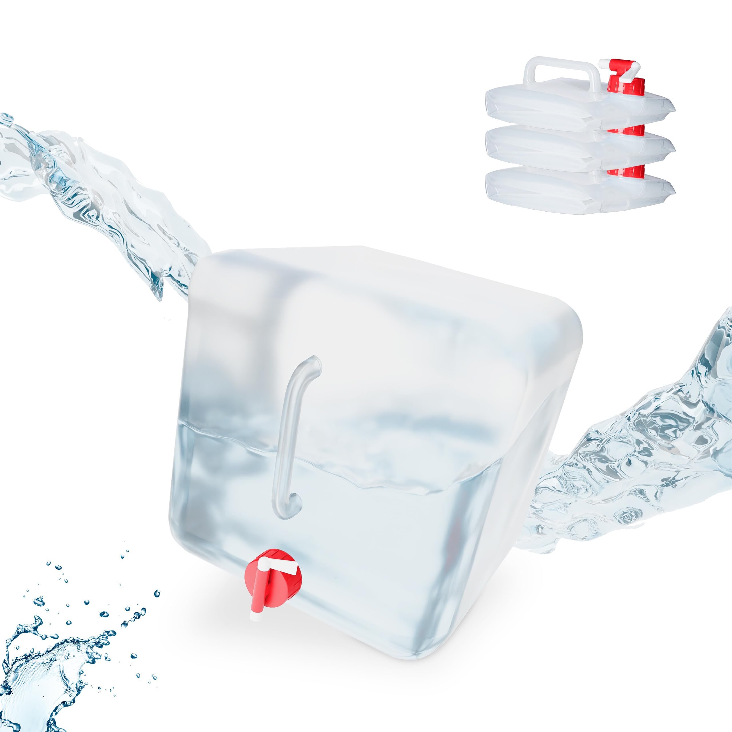 Relaxdays Tanica Pieghevole, Set 4 Contenitori, Rubinetto,Coperchio Svitabile, Manico, BPA-Free, 15 L, Trasparente/Rosso