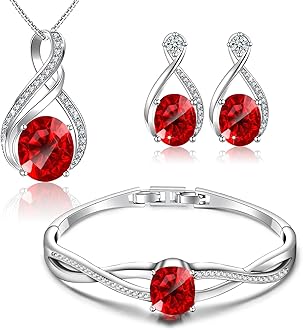 Menton Ezil Charming Crystal Jewelry Sets For Women 18K White Gold Bracelet Necklace And Earrings Sets For Wife Girlfriend Or Mothers Idea Gift For Mother's day (Ruby)