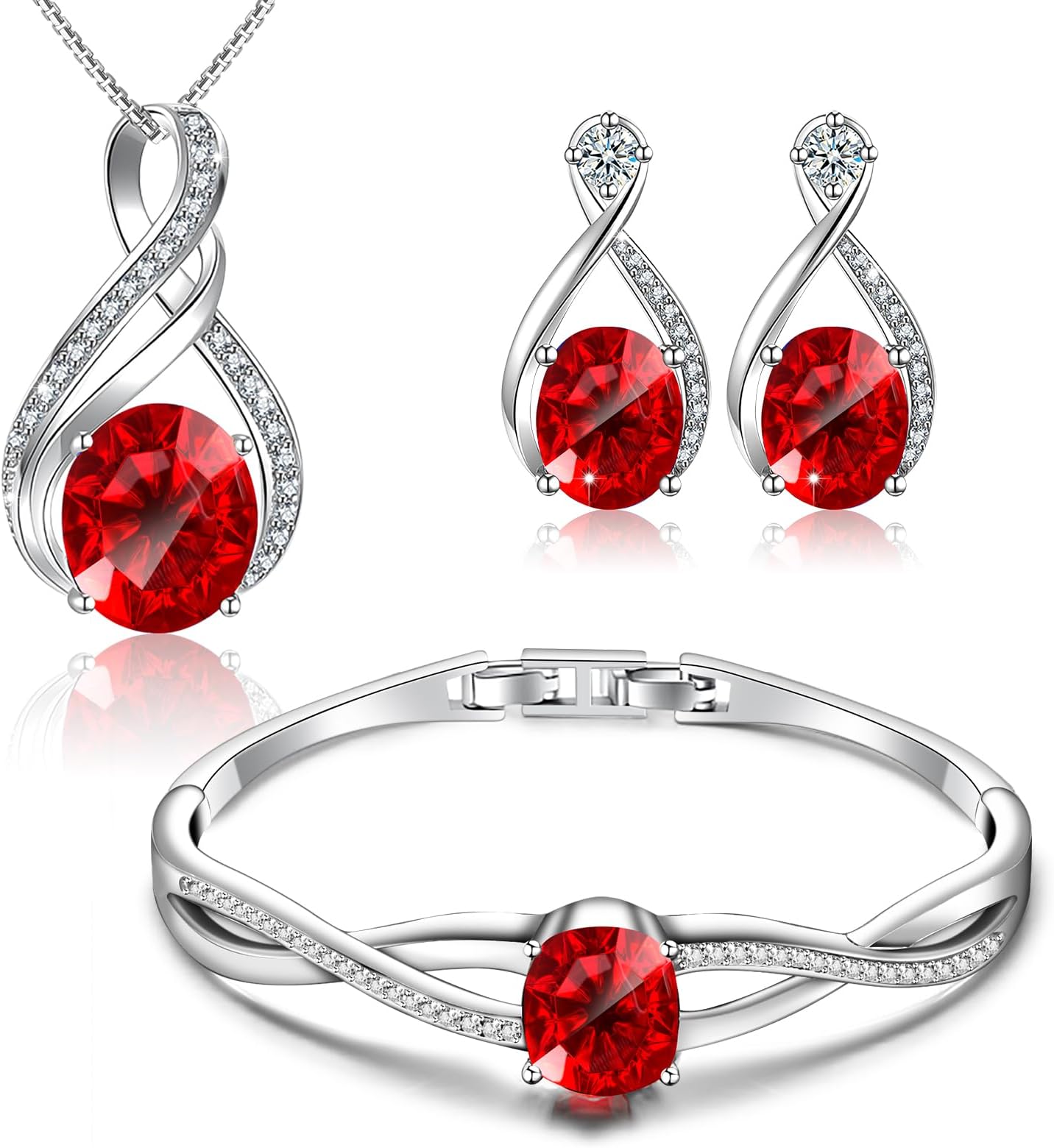 Charming Crystal Jewelry Sets For Women 18K White Gold Bracelet Necklace And Earrings Sets For Wife Girlfriend Or Mothers Idea Gift For Mother's day (Ruby)