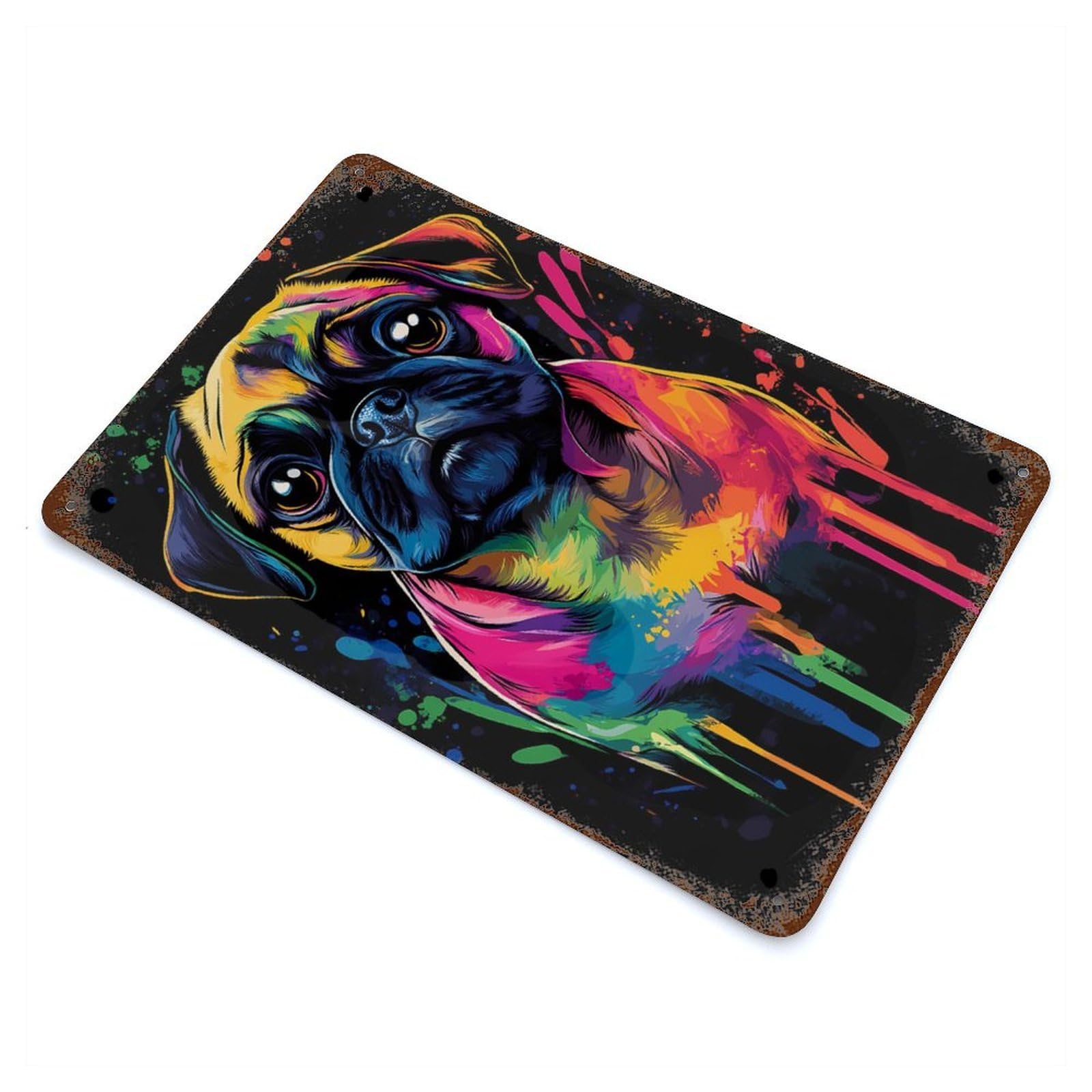 Vintage Rust Metal Sign with Rainbow Pug Design 11.8"x7.9", for Garage, Bar And Workshop Decor, Retro Wall Decor
