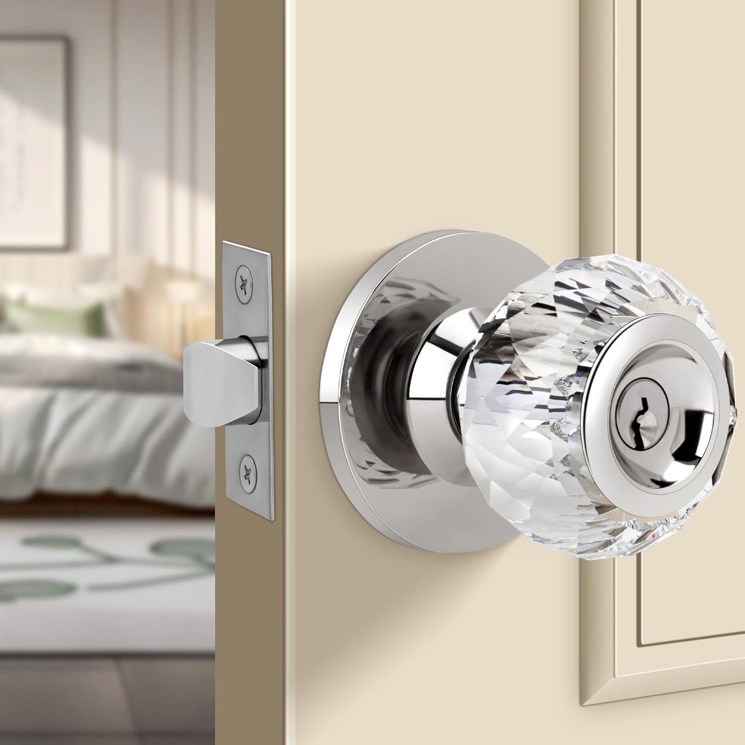 Moquin Crystal Door Knob with Keys, Round Style Glass Door Knob with Privacy Lock, Satin Nickel Classic Interior Crystal Doorknob for Bedroom, Bathroom
