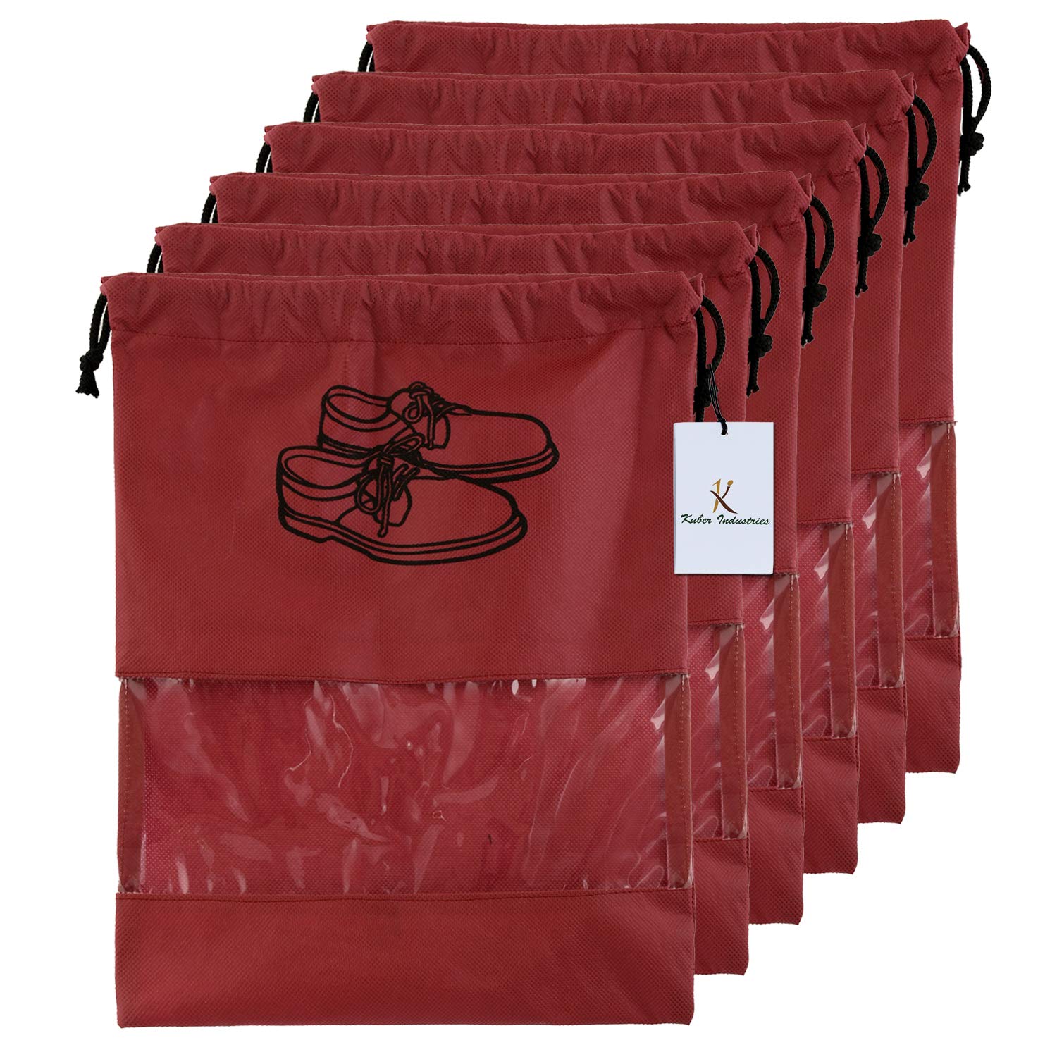 Kuber Industries 6 Piece Non Woven Travel Shoe Cover, String Bag Organizer, Maroon -CTMTC039494
