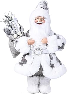 Toiyason 13.8inch Santa Claus Figurines Fluffy Christmas Standing Santa Figure Decorations Gift for Xmas Outdoor Indoor Home Office Ornaments Grey White Plaid