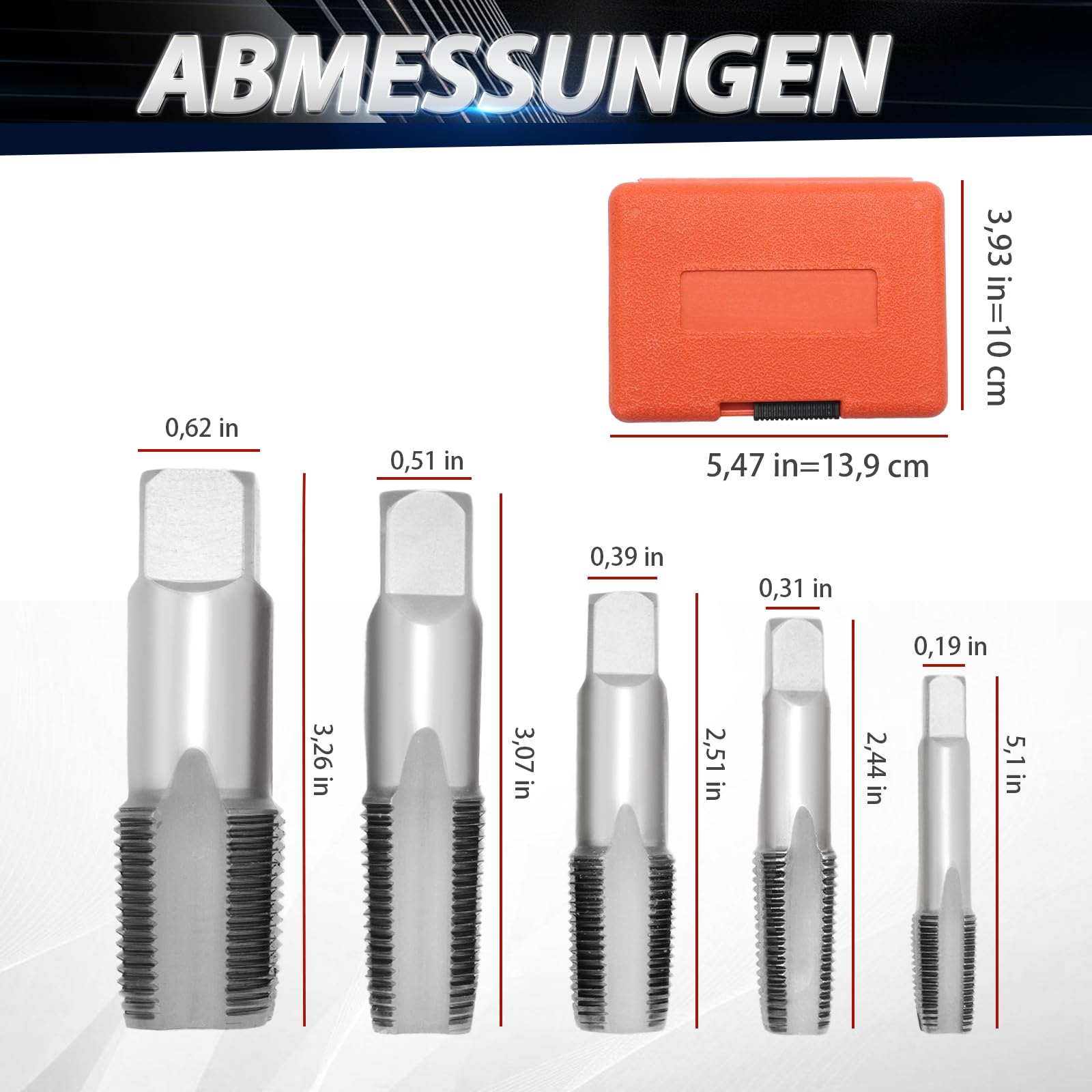5-teiliges NPT-Rohrgewindebohrer-Set, 1/8 Zoll, 1/4 Zoll,3/8 Zoll, 1/2 Zoll, 3/4 Zoll, Gewindeformer aus Kohlenstoffstahl, Rohrgewinde-Reparaturwerkzeug