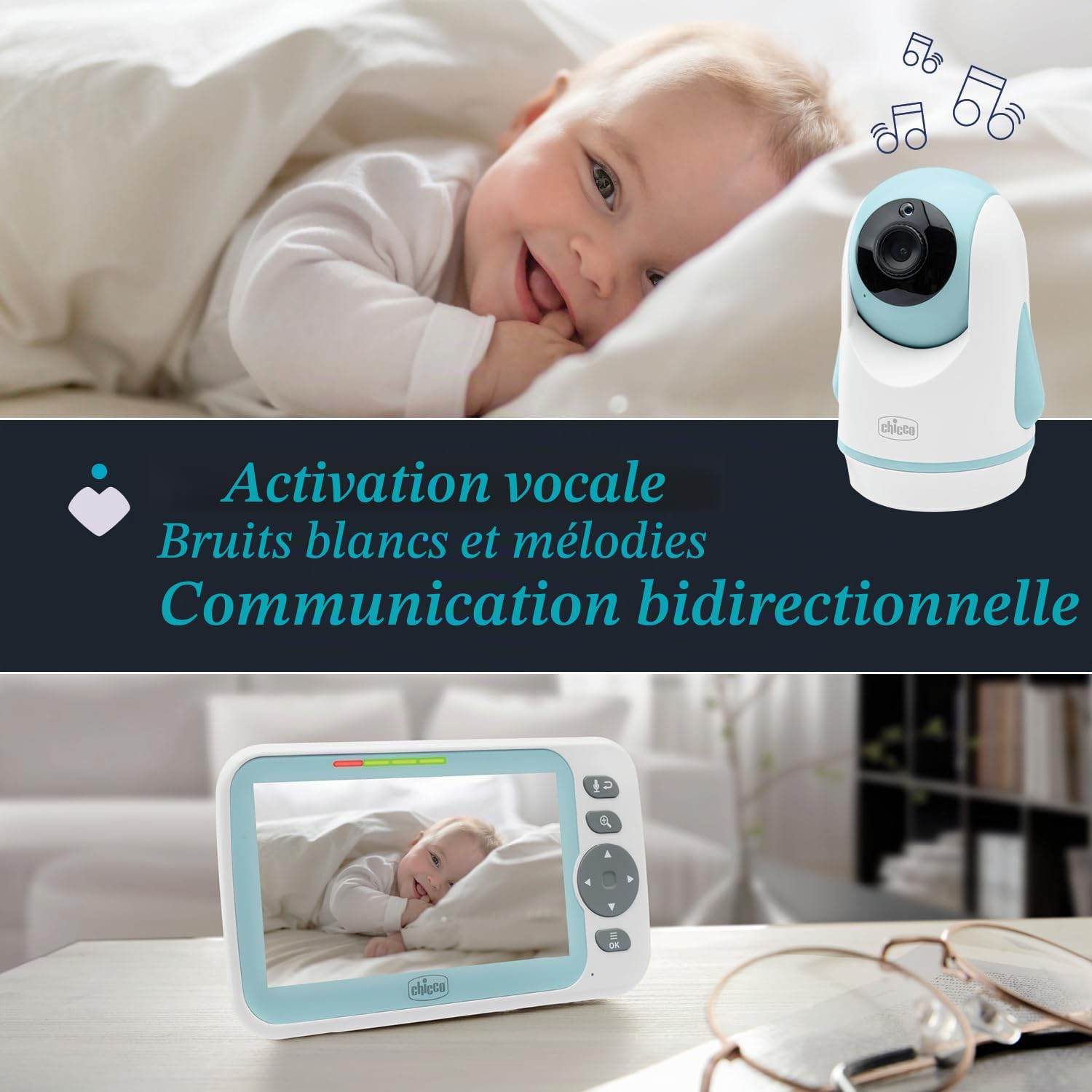 Chicco Baby Monitor Video Evolution, caméra rotative motorisée pour bébés et Enfants avec écran Couleur 5, portée 220 m, Vision Nocturne, thermomètre, Sons Blancs, Microphone et Haut-Parleur