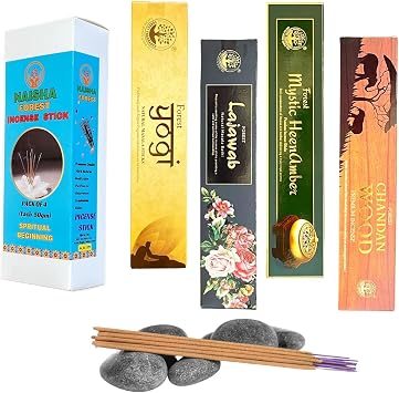 Naisha Incense Sticks Set of 4 50 Gm Each Calming & Relaxing Gift for Meditation & Yoga, Natural, Organic & Slow Burning Sticks, Chandan Wood, Mystic HeenAmber, Yogi, Lajawab Devotion