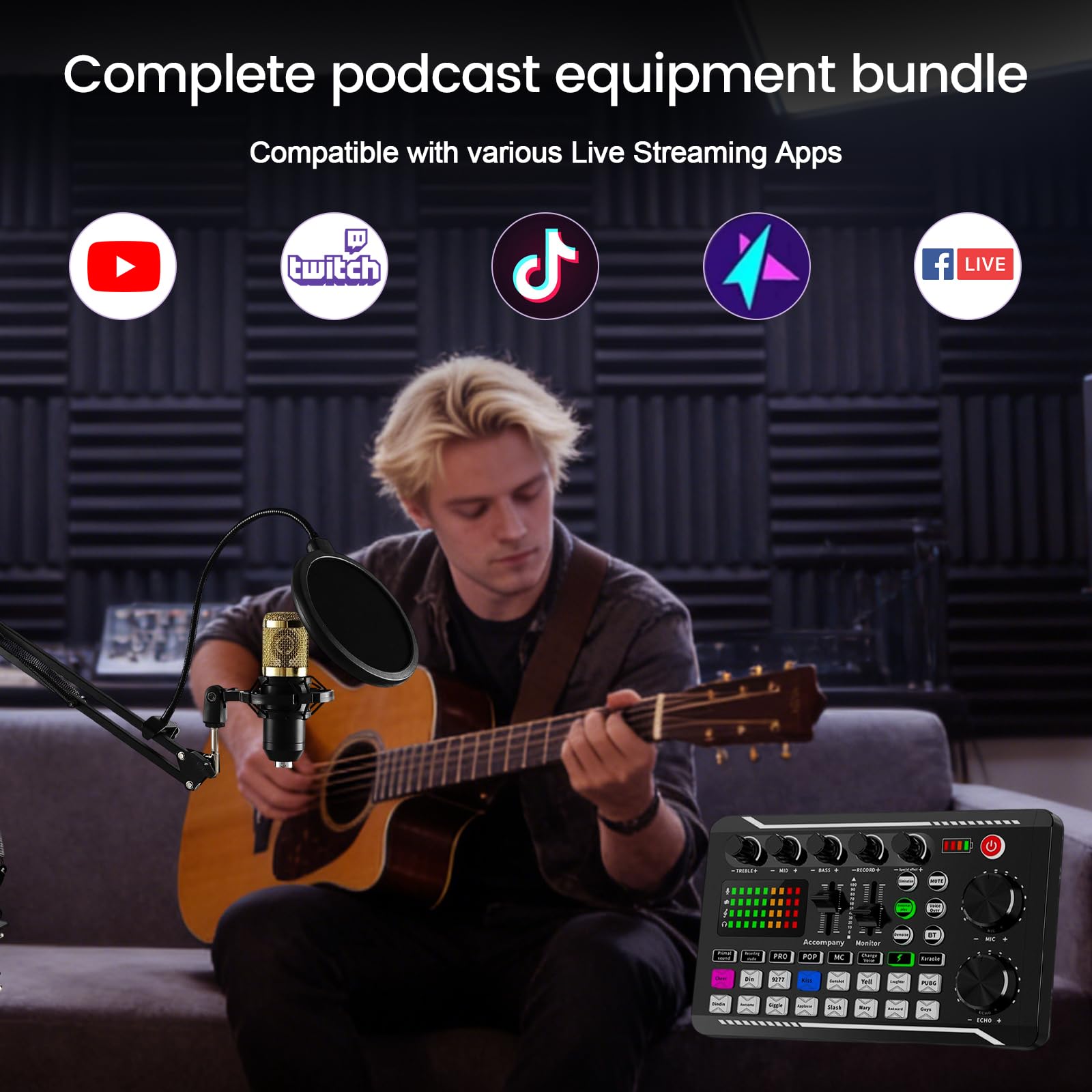 Set microfono Podcast, studio di registrazione completo con microfono | F998 Live Sound Card con microfono a condensatore BM800 DJ Mixer effetti per live streaming, gaming, YouTube, TikTok