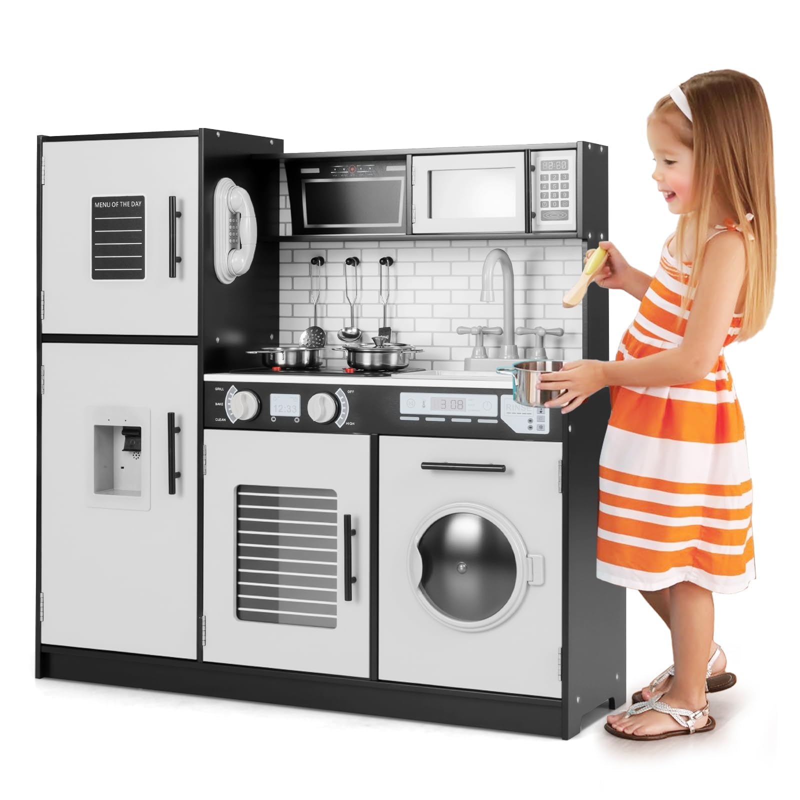 Maxmass Wooden Kids Kitchen Play Set, Toddler Pretend Toy Kitchen with Light, Sound, Telephone, Water Dispenser, Microwave, Oven, Utensils, Children Role Play Kitchens for 3+ Years Old (Black)