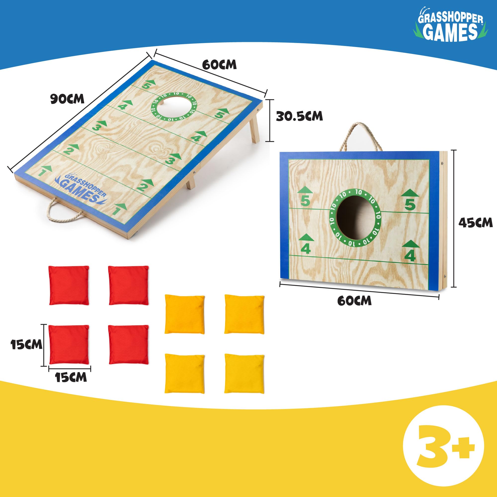 Grasshopper Games Cornhole Set, FSC Holz Faltbretter mit Tragegriffen, Sitzsack Wurfspiel mit 8 Beuteln, Familie Outdoor Garten Spiel für alle Altersgruppen