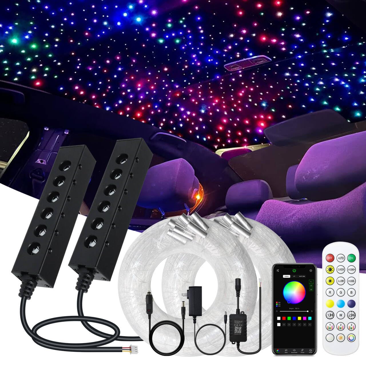 2PCS 6LEDs Colorful RGBW Starlight Headliner Kit, 720pcs0.03in9.8ft