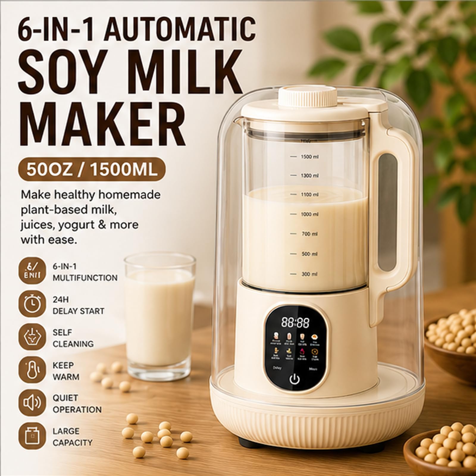 Automatyczny ekspres do mleka sojowego, 50 uncji (1500 ml) maszyna do mleka na bazie roślin z opóźnionym startem/utrzymywaniem ciepła/automatycznym czyszczeniem, do domowego jogurtu z orzechami, owsem
