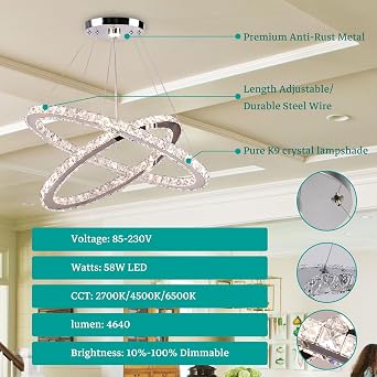 Finktonglan 23.6in/20in Dimmable 2-Ring Oval LED Crystal Chandelier [Energy Class E]