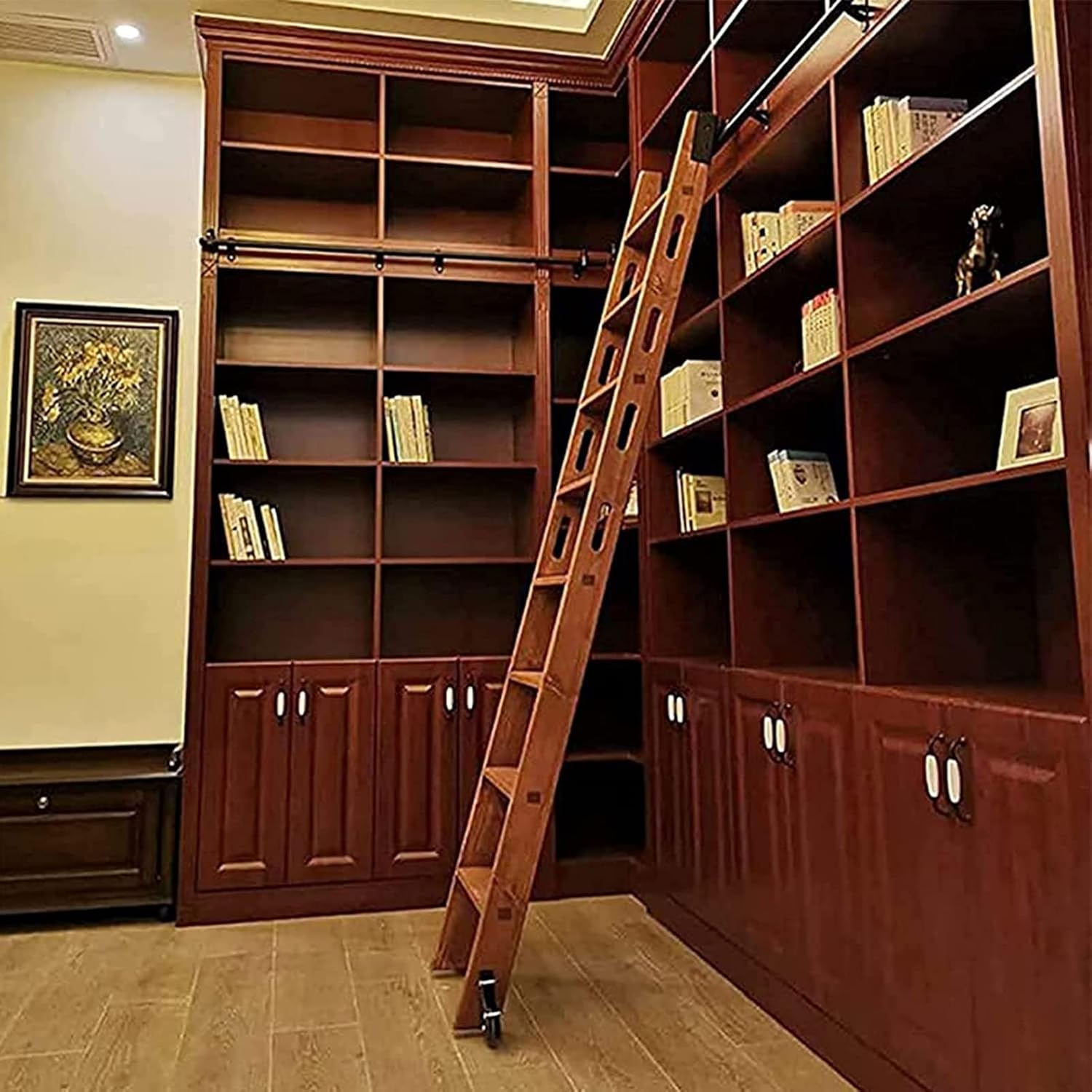 Retractable Rolling Ladder Hardware Library Sliding Ladder Hardware Kit,Sliding Barn Door Hardware Full Set Track with Floor Roller Wheels,Black Steel Round Tube Mobile T,6.6ft/200cm Track Kit