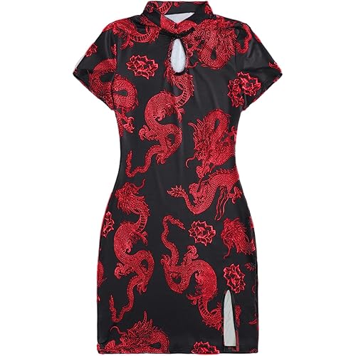 WDIRARA Women's Plus Size Chinese Dragon Print Bodycon Cheongsam Split Mini Dress