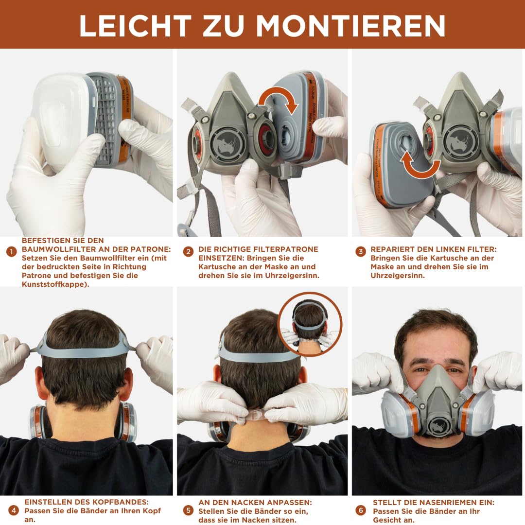 RHINO Smart Solutions Atemschutzmaske Gase Dämpfe | Gasmaske mit A1P2 Filter für Lackier, Feinstaub, Arbeitein, Schleifen | Staubmasken, Handschuhe, Schutzbrille, Patronen und Staubfilter