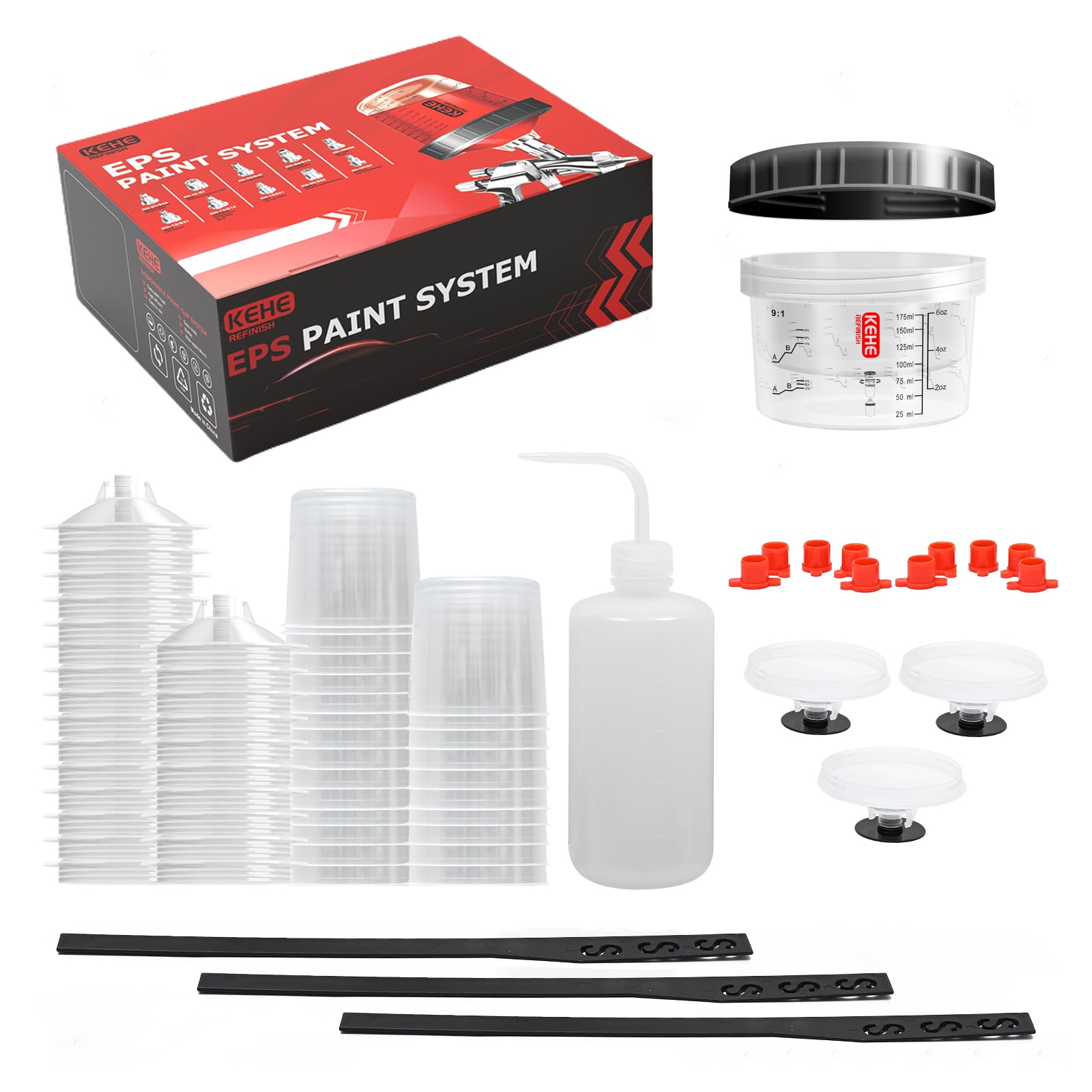 Disposable Paint Cups for Spray Gun,Mixing Cups 6 Ounce (175ml) Kit with 25 Liners and Lids with Strainer System for HVLP&amp;LVLP,1 Hard Cup with Retainer Ring,10 Plugs,3 Caps,1 Wash Bottle