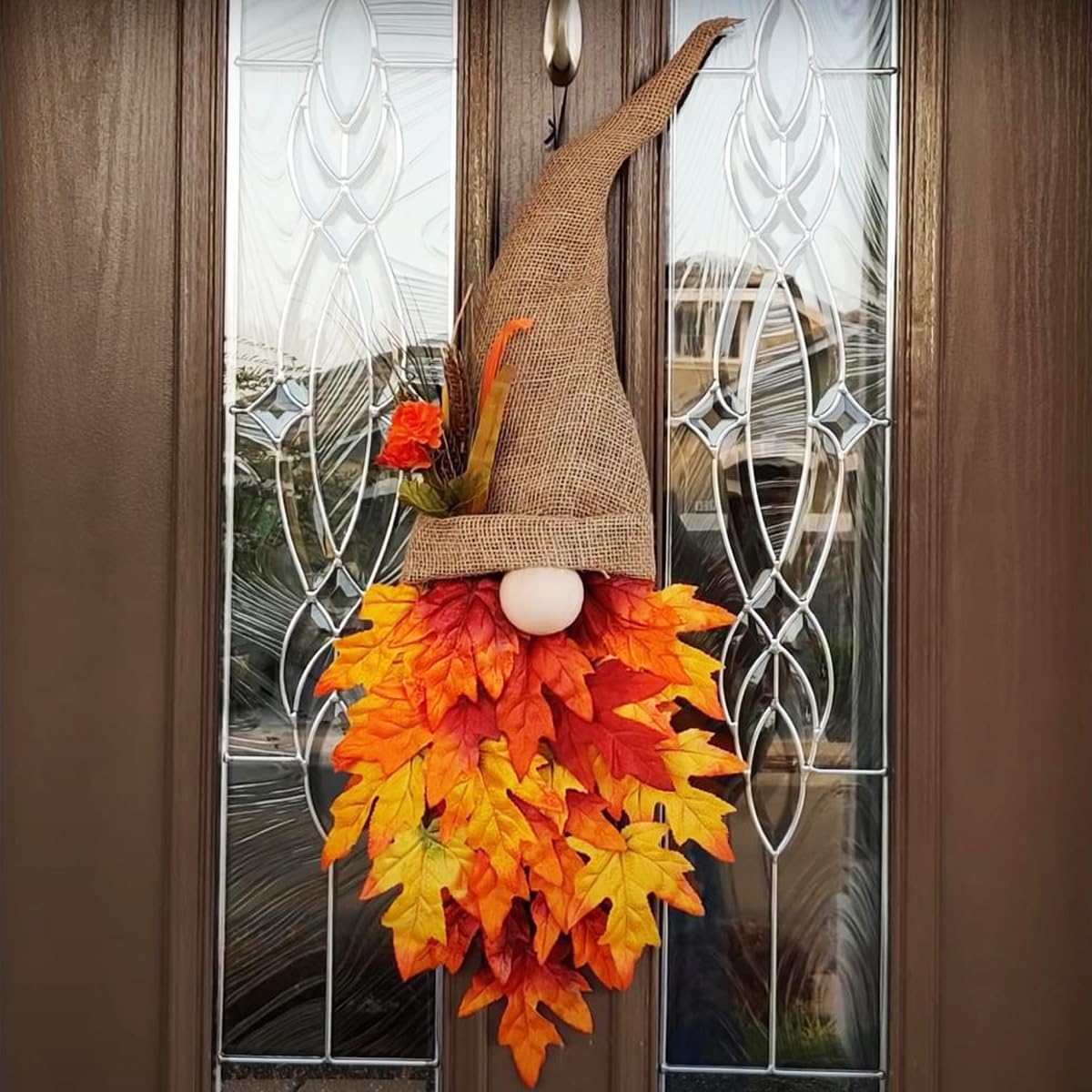 autumn maple leaf wreath with gnome, rustic rural style pointed hat with vibrant flower wreath, farmhouse fall thanksgiving halloween home decor