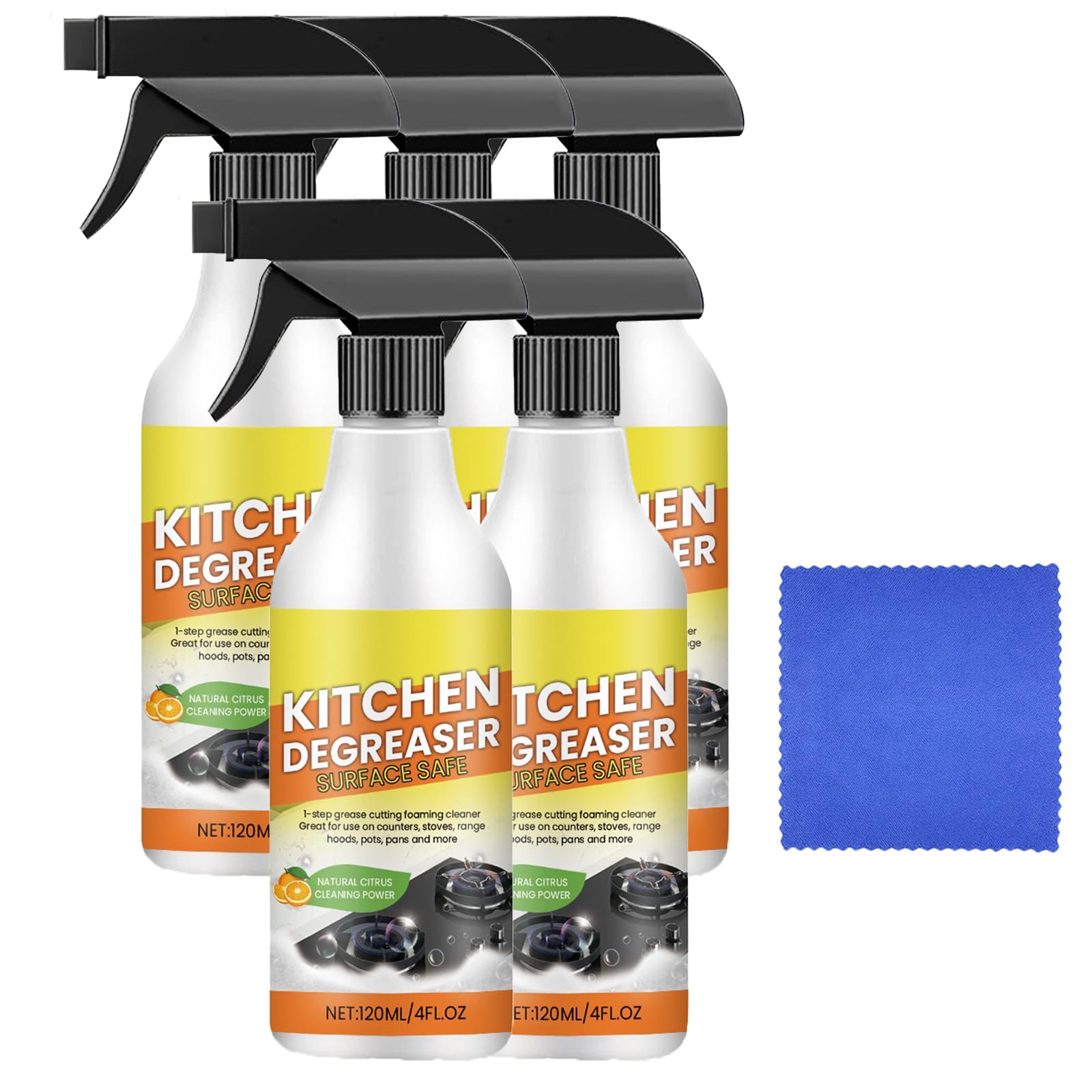 Kitchen Degreasing Foam Cleaner, leistungsstarkes Küchenentfettungsspray, strapazierfähiges Entfettungsreinigungsspray für Arbeitsplatten, Allzweck-Haushaltsblasenreiniger, 120ml + Handtuch (5pcs)