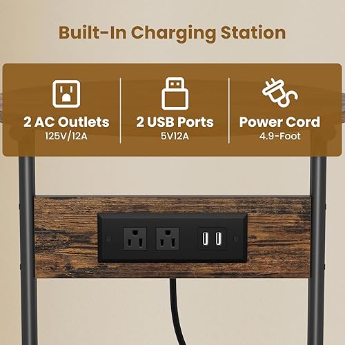 Miniatura 7 de Mesa auxiliar redonda con estación de carga y cesta de almacenamiento, mesa auxiliar pequeña para sofá, mesitas de noche para sala de estar,