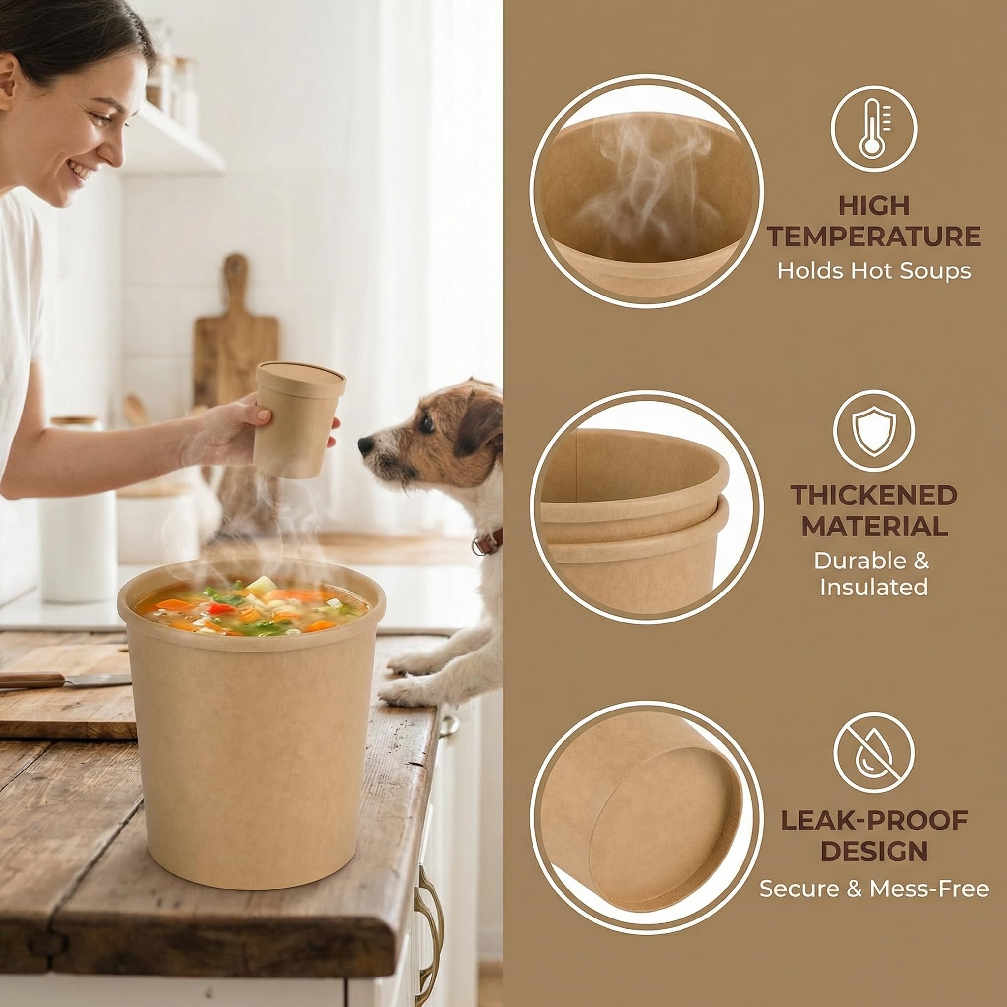LANSKYLAN 50 Pezzi Contenitore per Zuppa in Carta Kraft Marrone 480 ml Bicchieri da Zuppa con Coperchio Contenitore per Alimenti da Asporto per Insalata Zuppa Gelati Dessert Gastronomia