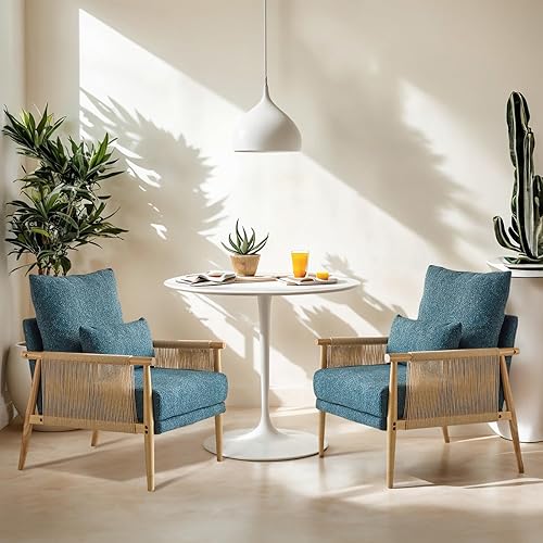 VINGLI Juego de 2 sillones bohemios con diseño de trenzas, modernas de mediados de siglo con reposabrazos de madera maciza, cómodas sillas
