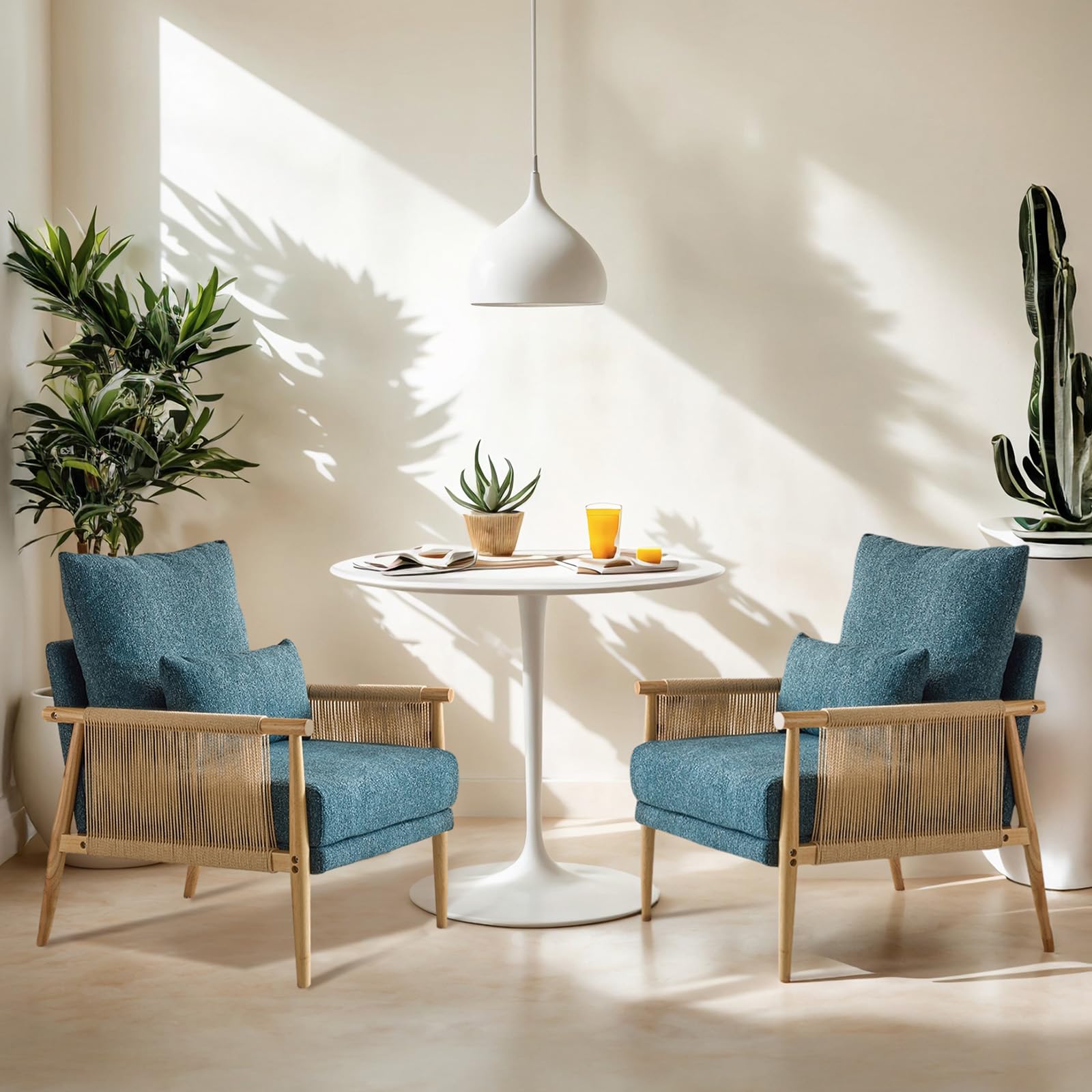 VINGLI Boho Braid Accent Armchairs Set of 2,Mid-Century Modern Chiars with Solid Wooden Armrest,Comfy Louge Cushion Chairs with Waist Pillow for