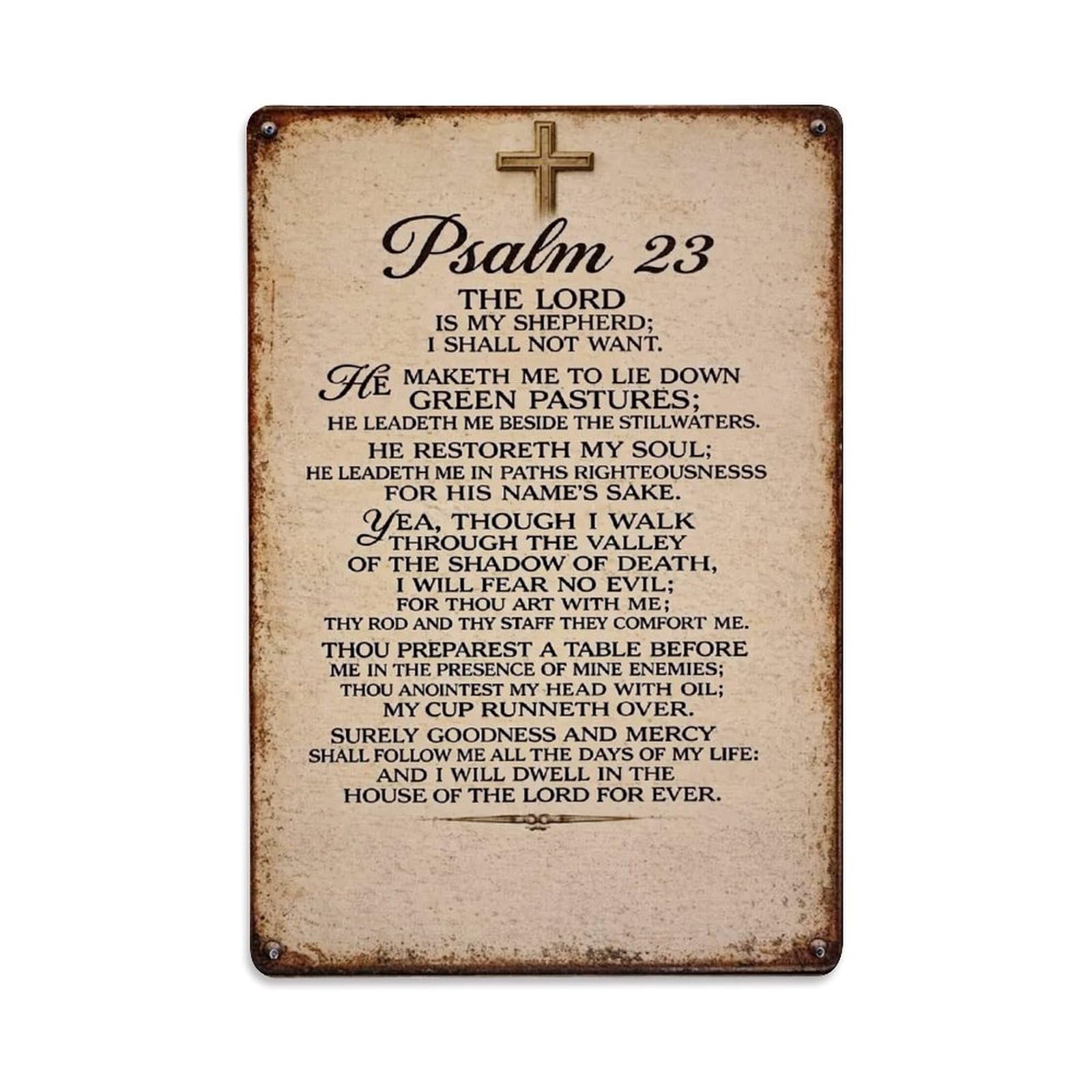 Jdfenggu Vintage Psalm 23 Scripture Print With Cross Retro Metal Tin Sign, Decor Art Poster For Bar, Home, Man Cave, Kitchen, Laundry Room Gift 8X12inch