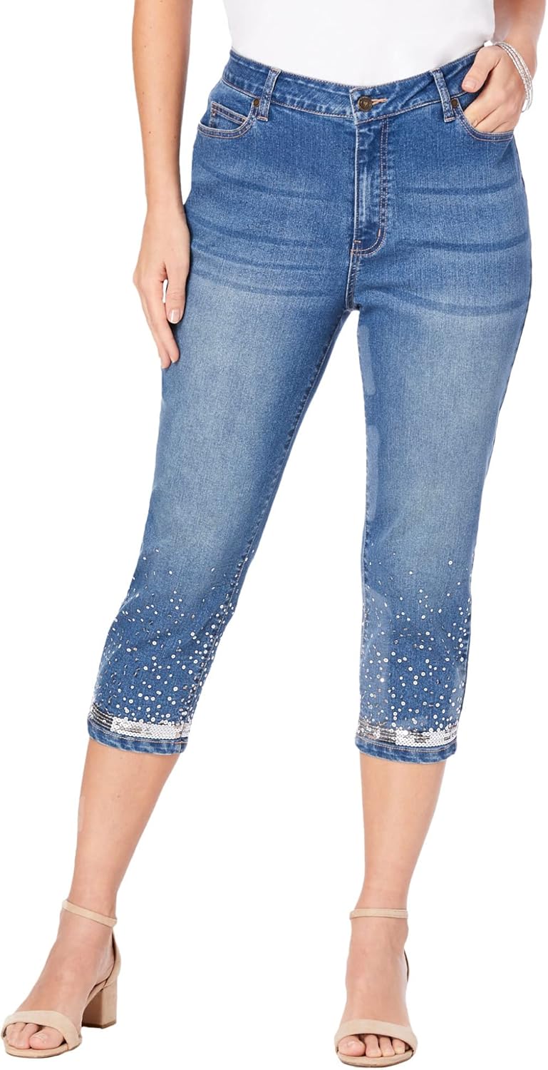 Roaman's Women's Plus Size Sequin Trim Straight Leg Capri Jean