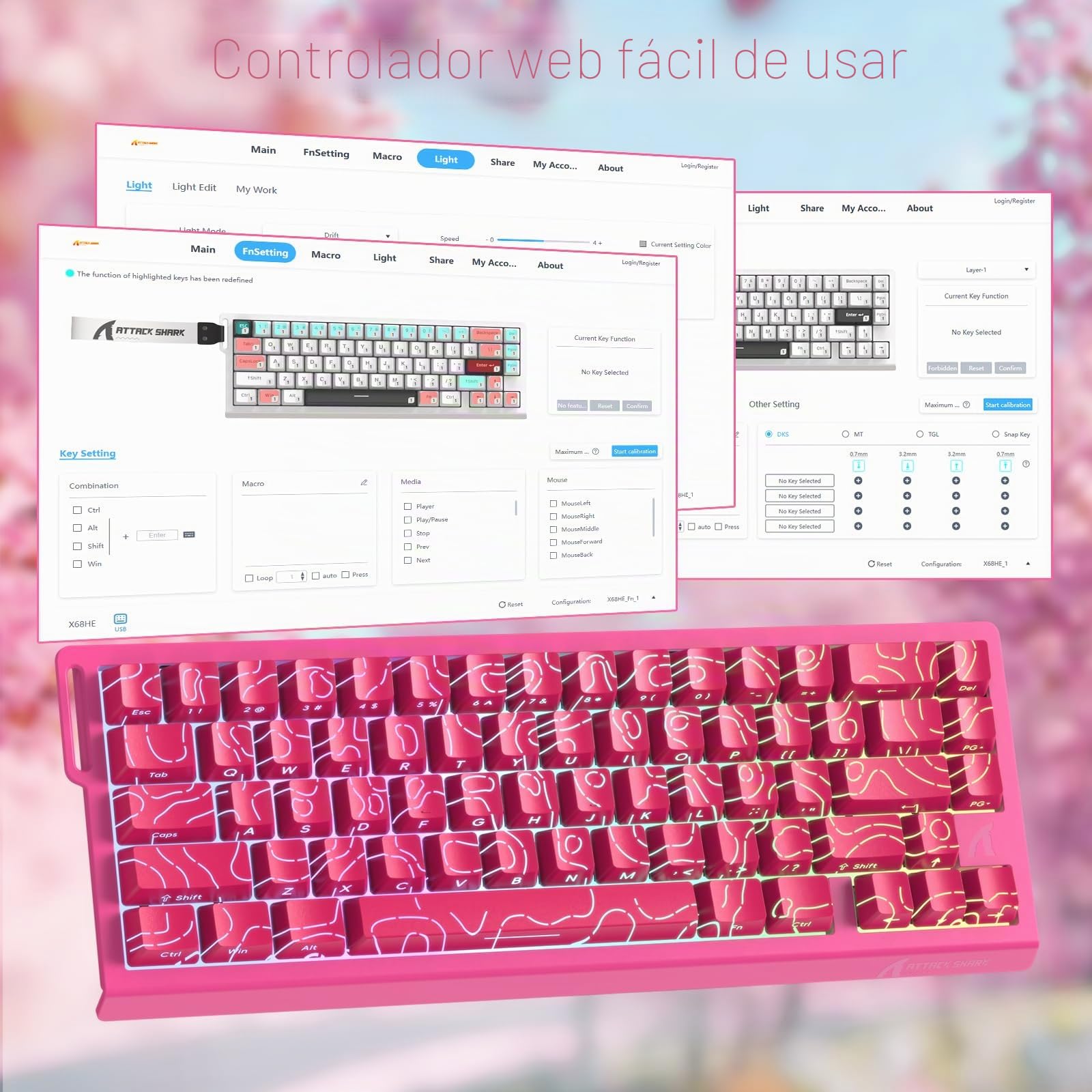 MAMBASNAKE x Attack Shark X68HE Teclado con Interruptor magnético de gatillo rápido, accionamiento Ajustable de 0,01 mm, con Cable en Espiral, 8000 Hz, RGB, Teclas PBT,SOCD (Rosa)